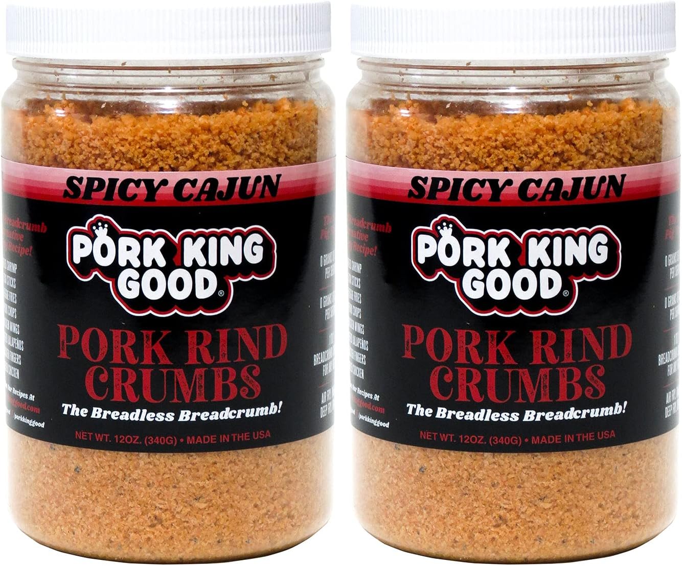 Pork King Good - Pork Rind Breadcrumbs - 2 Pack! Keto Friendly, Paleo, Gluten-Free, Sugar Free, Zero Carb Panko Substitute (Two 12 Oz Jars) (Spicy Cajun, 2 Pack)