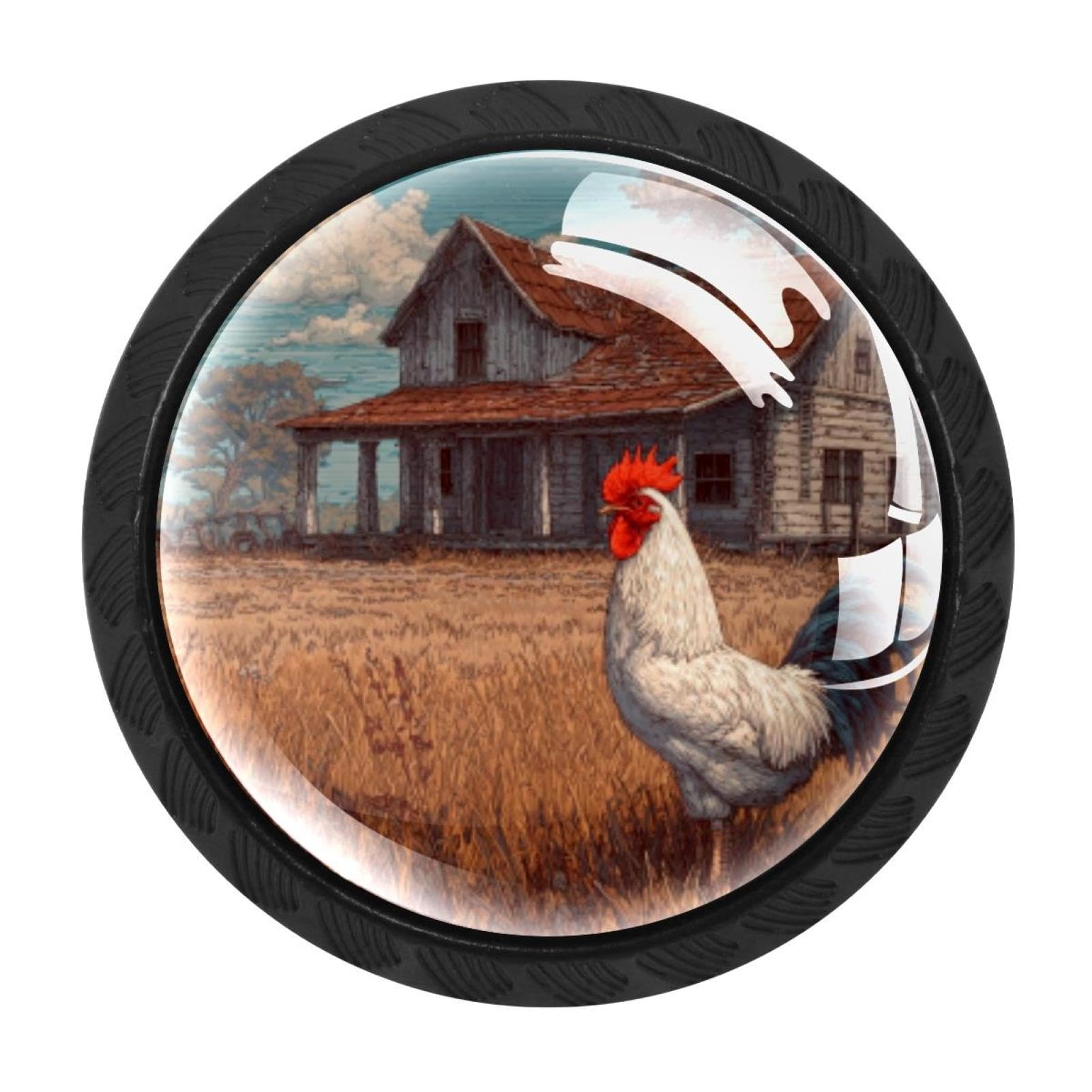 CHENZZZZ 4 Pack Round Cabinet Knobs for Kitchen Bathroom Closet Dresser Cabinets, Rooster and Farmhouse