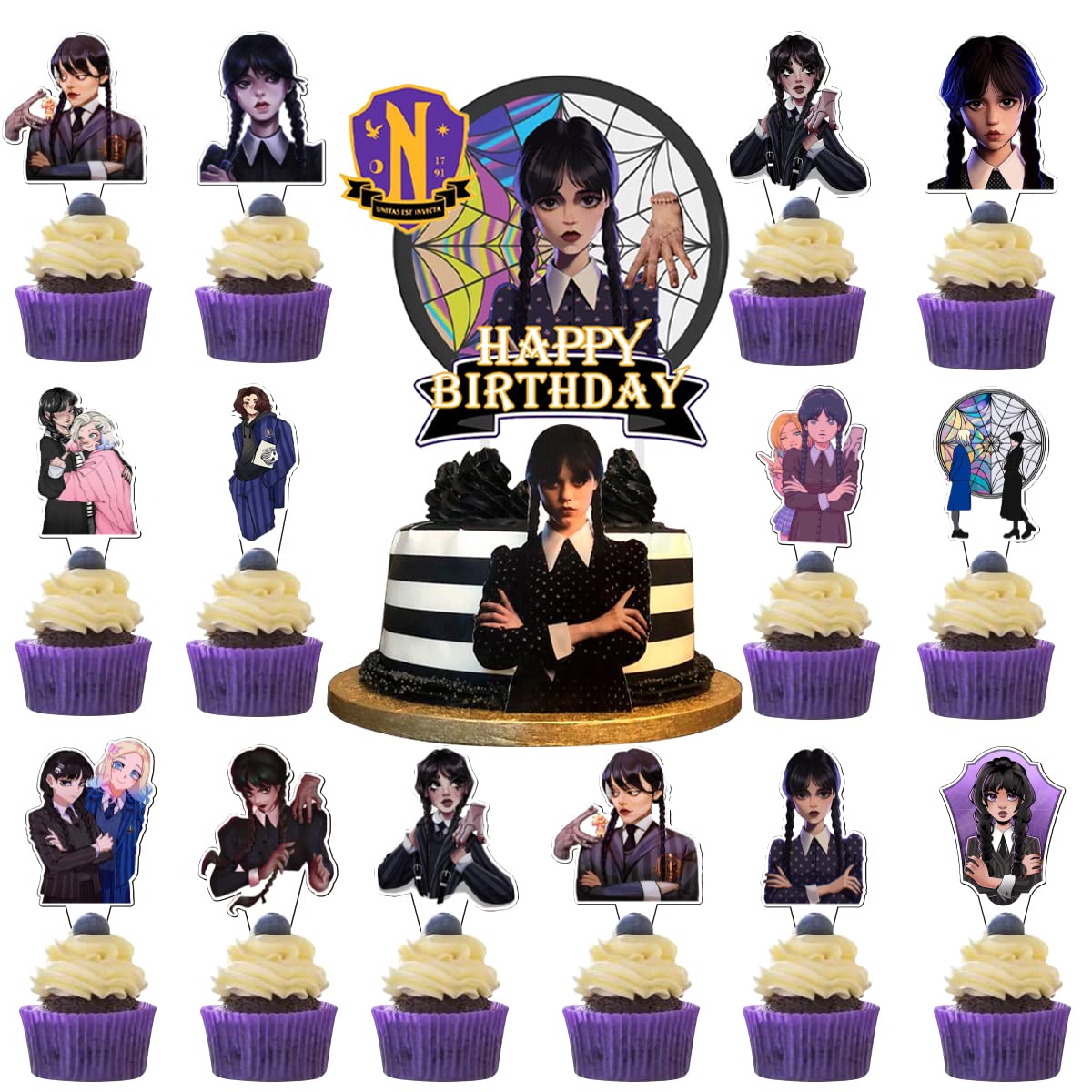 25PCS Wednesday Addams Party Decorations, Wednesday Addams Cake Topper and Cupcake Topper Set for Kids Boys Girls Wednesday Addams TV Theme Birthday Party Supplies