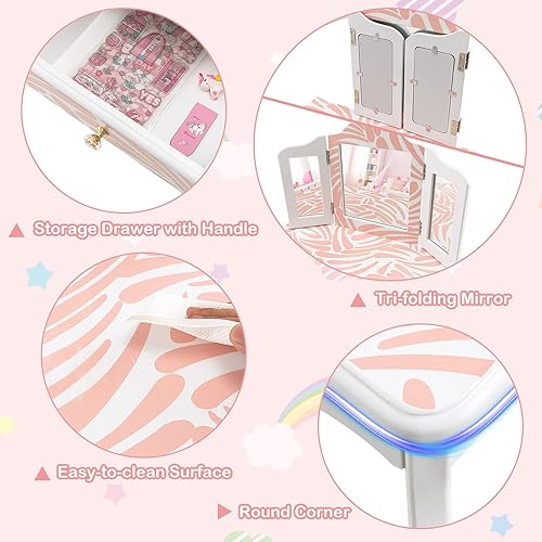 Miniatura 4 de GLACER Juego de mesa y silla de tocador para niños, juego de mesa de maquillaje para niños pequeños con espejo de triple pliegue, cajón de