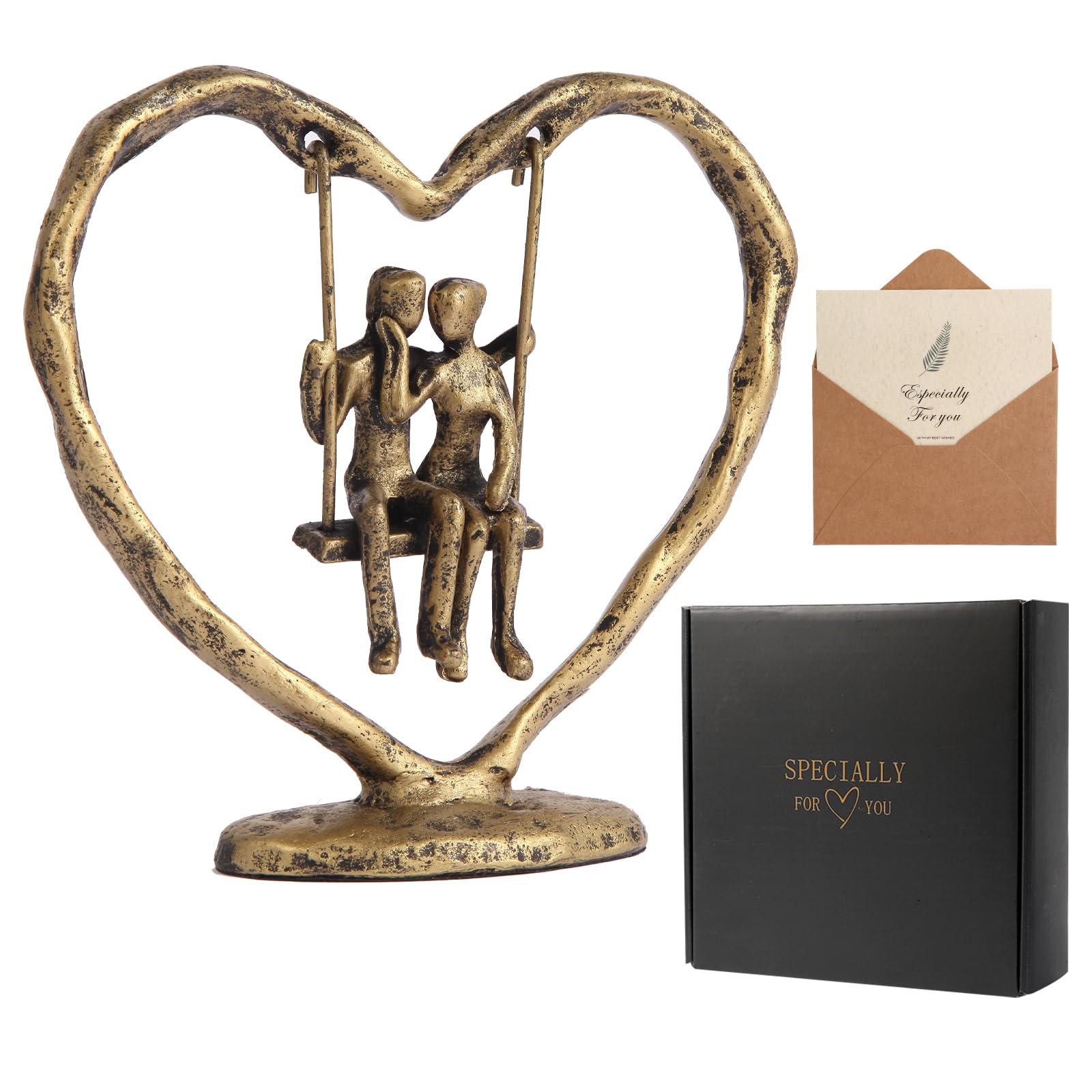 Sipujade Antique Gold Heart Couple Sculpture