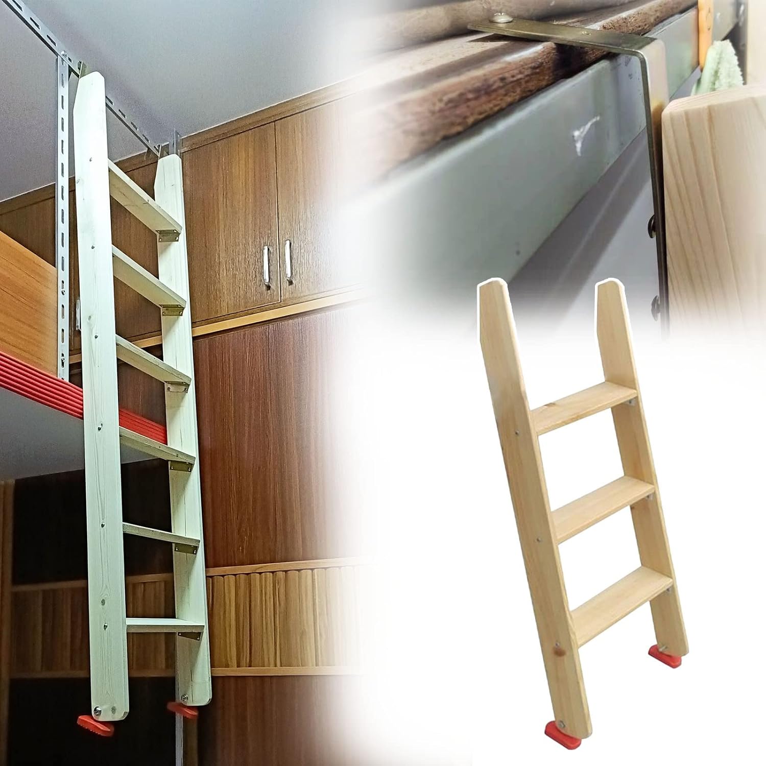 Kids Twin Bunk Bed Ladder with Hooks, 100 125 150 175 Cm Loft Bunk Dorm Bed Wooden Ladder, Bunk