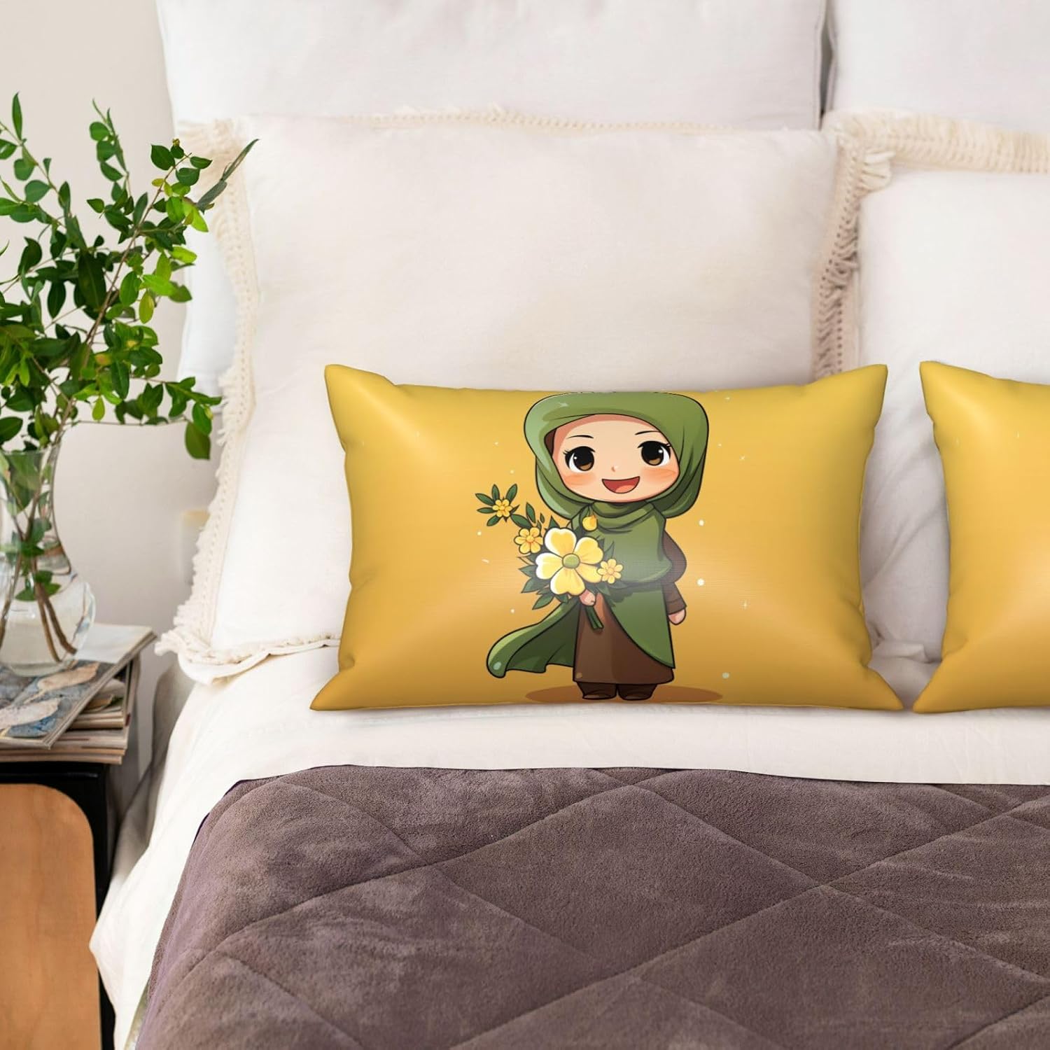 Queen Satin Pillowcases Set of 2, Cartoon Muslim Girl Pillow Cases for Hair and Skin, Soft Silk Pillow Cases Cover with Hidden Zipper, 20x30 Inches Pillow Covers for Sleeping Gift