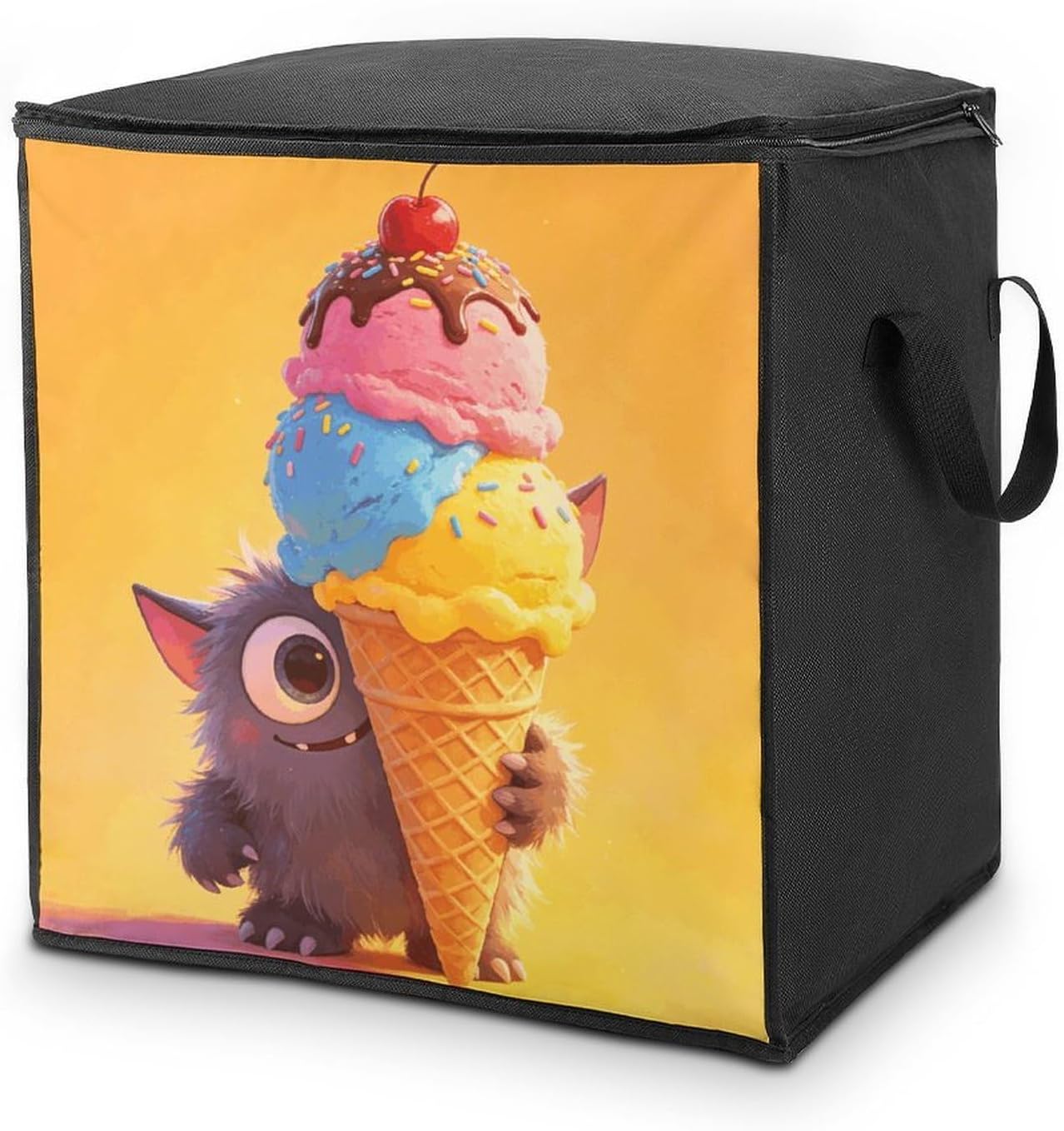 Monster Ice Cream Storage Bag with Zippers And Handle Extra Large Bedding Comforter Storage Bag Foldable Blanket Storage Bags Fabric Moving Bags for Closet Organizer (70L)