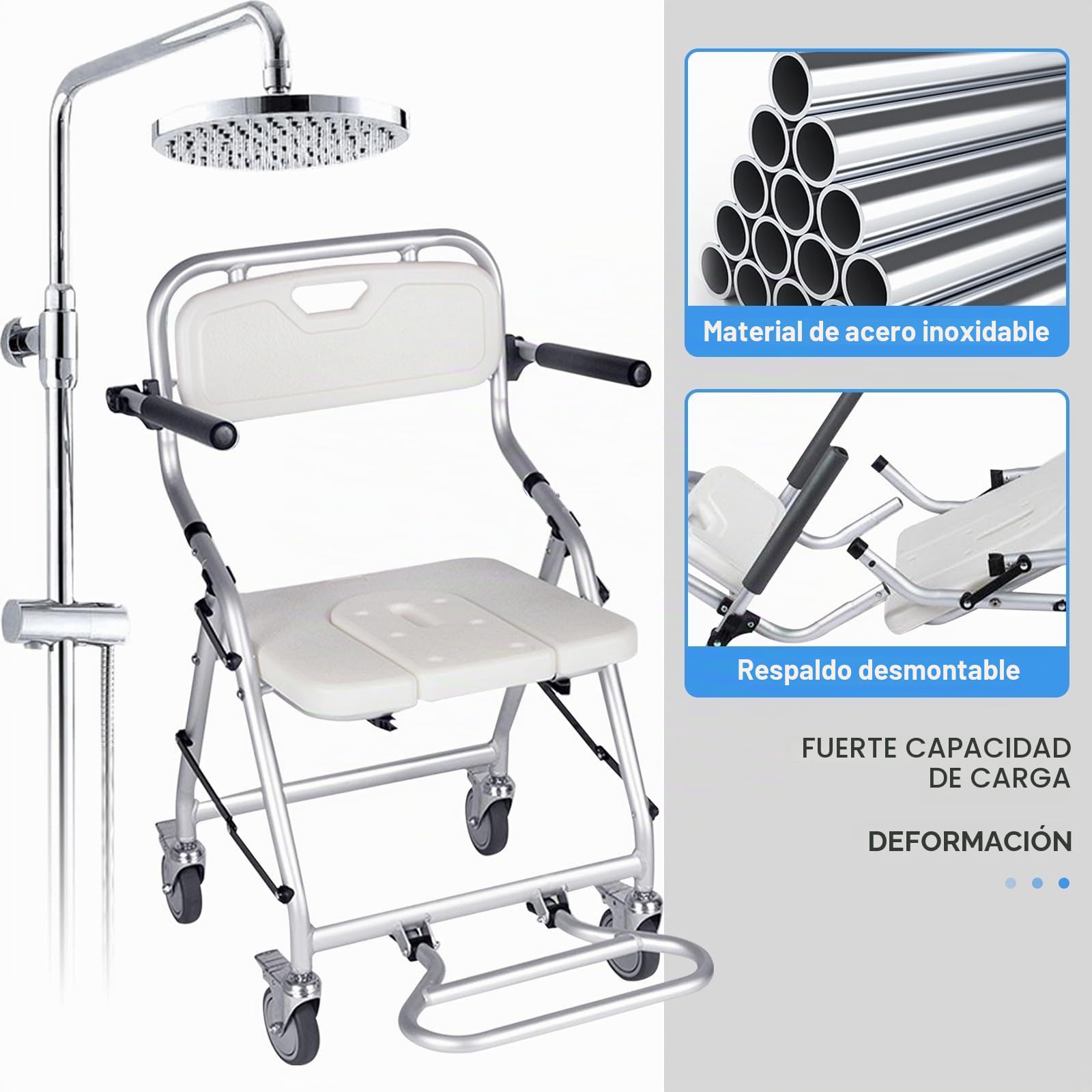 Silla Ducha Personas Mayores, Sillas de Ruedas para Ducha, Blanco | Silla para WC y Ducha con Pedales Antideslizantes, Silla Baño Ancianos Ducha con Cojín de Asiento Suave, 4 Ruedas con Frenos