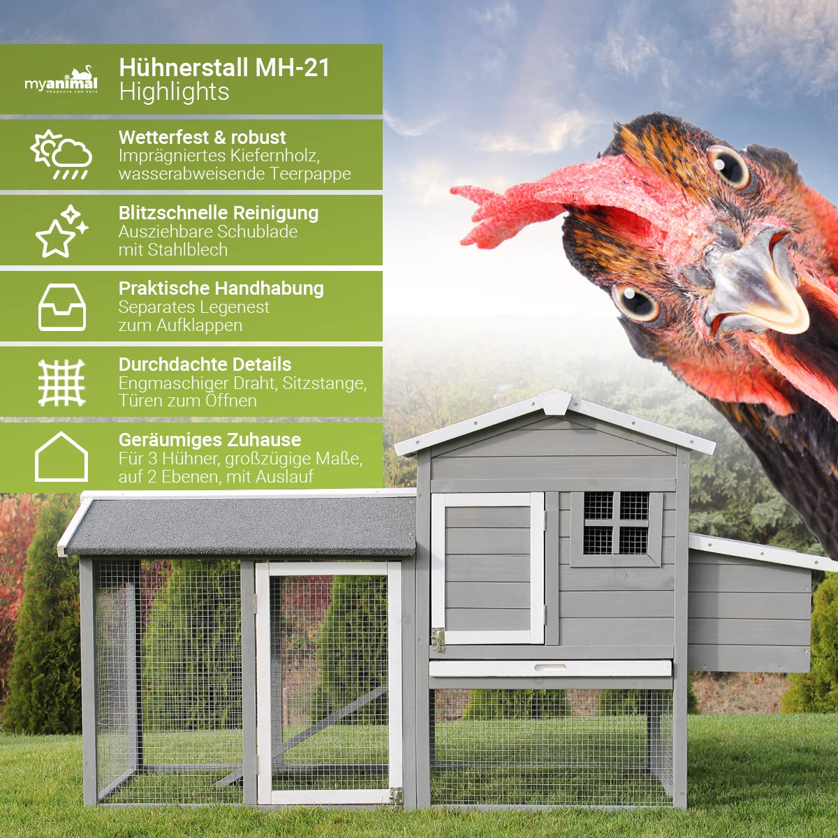 Miweba MyAnimal Hühnerstall MH-21 XXL | 174x66x98 cm - Für 3 Hühner - Nistkasten mit Freilaufgehege - Sitzstange - Winterfest - 2 Ebenen - Hühnerhaus mit Eiablage - Kiefernholz - Voliere (Grau)