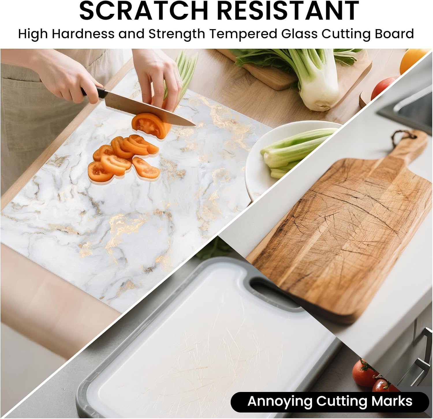 Tempered Glass Cutting Board Set of 2 (16“x12” & 12“x8”), Marble Pattern Chopping Boards for Kitchen, Heat Resistant Trivet & Countertop Saver, Non-Slip, Shatter-Resistant, Dishwasher Safe