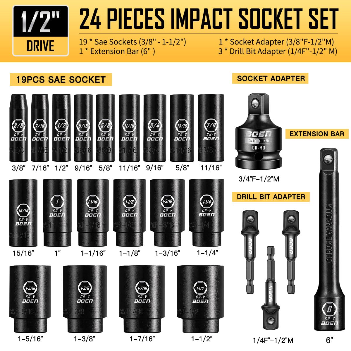 boen 1/2” Drive SAE Impact Socket Set, 3/8