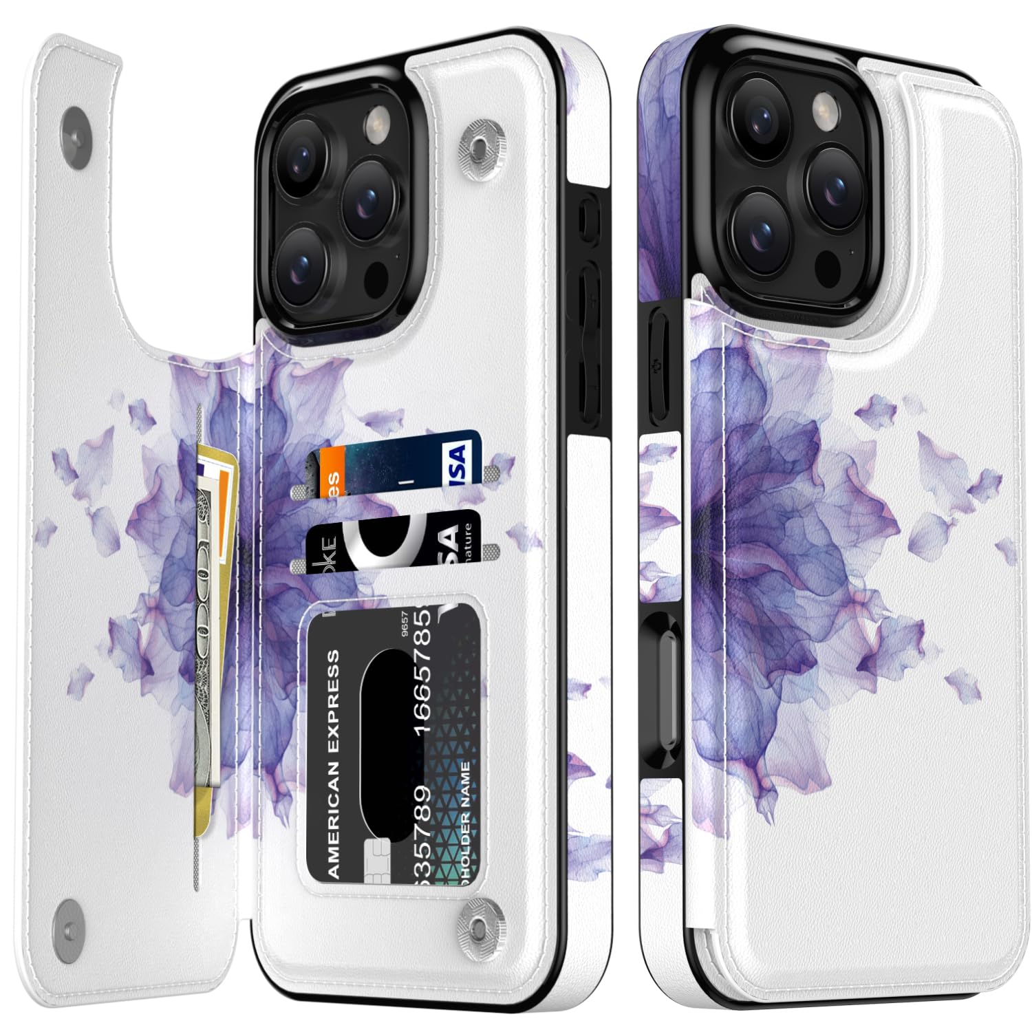 LETO for iPhone 16 Pro Wallet Case - Flip Folio Leather Kickstand - Fashionable Flower Designs - Credit Card Holder - Protective Phone Cover for Women