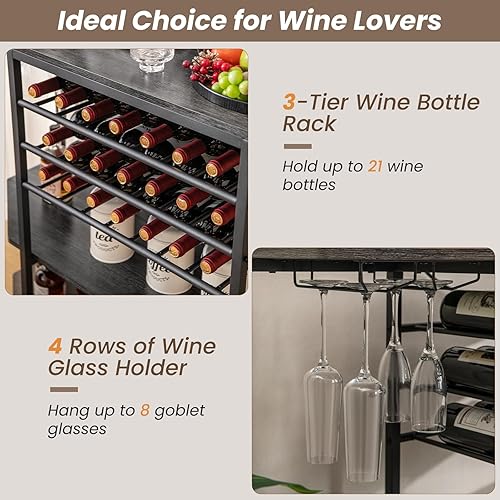 Miniatura 5 de COSTWAY Armario para bar de vinos, gabinete de licor de 3 niveles con tomas de corriente, estantes para botellas de vino, soportes de vidrio,