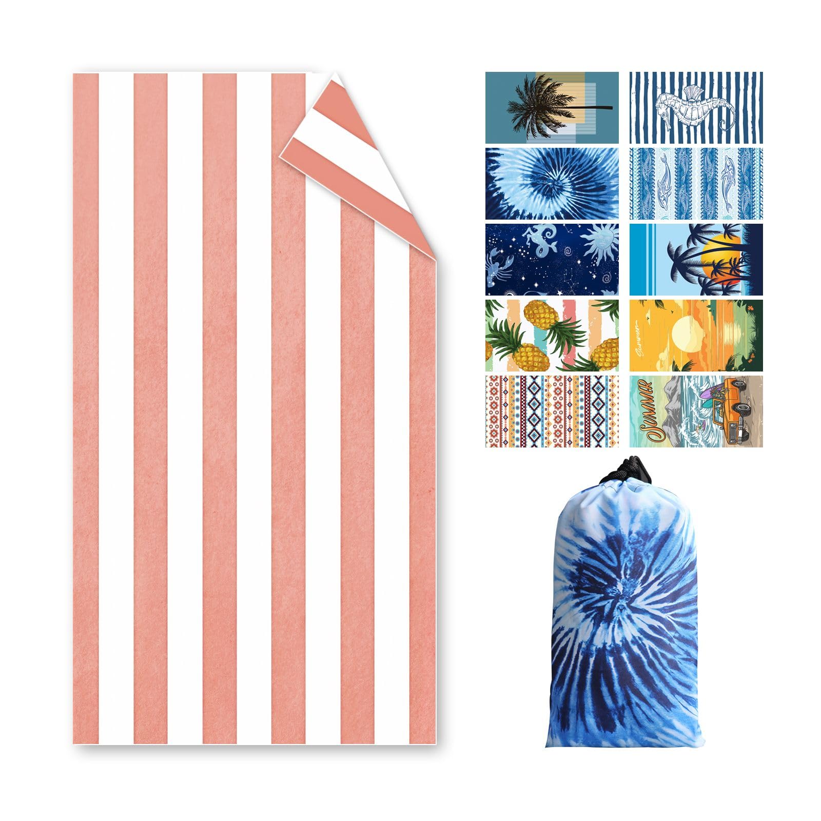 Strandtuch Groß, 180 x 100 cm Doppelseitig Strandhandtuch, Schnell Trocknendes, Weiches, Leichtes, Pflegeleicht, Sandfreies Microfaser Handtücher für Reise Urlaub Schwimmen Camping, m it Tasche