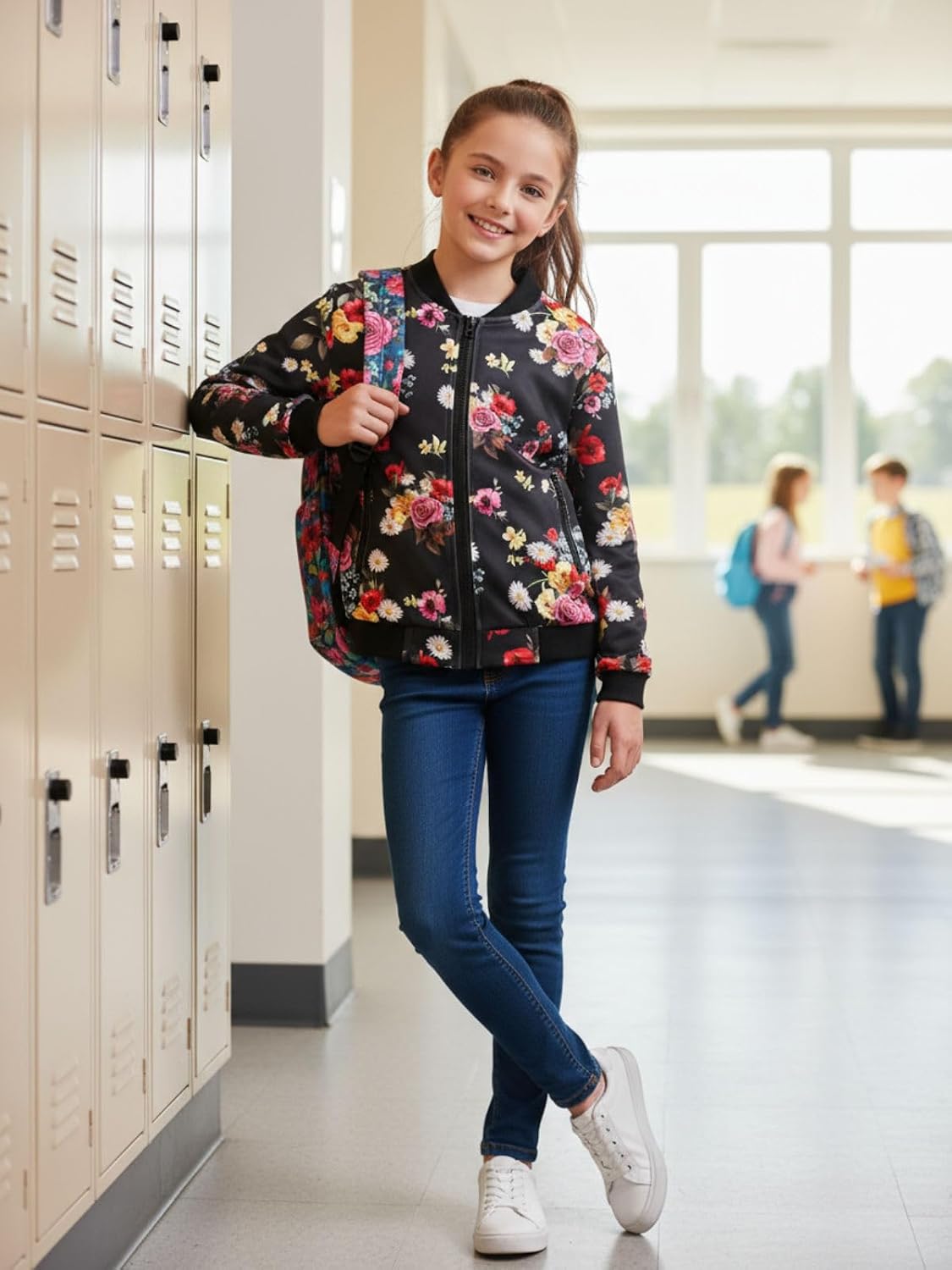 WELAKEN Girls Lightweight Bomber Jacket Floral Print Full Zip Outwear Jacket with Pockets
