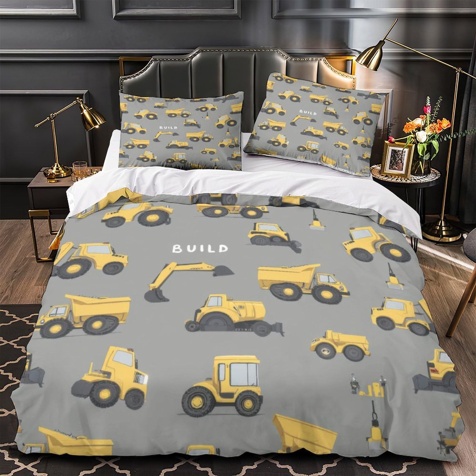 Housse de couette camions de chantier hypoallergénique et douce avec fermeture éclair pratique