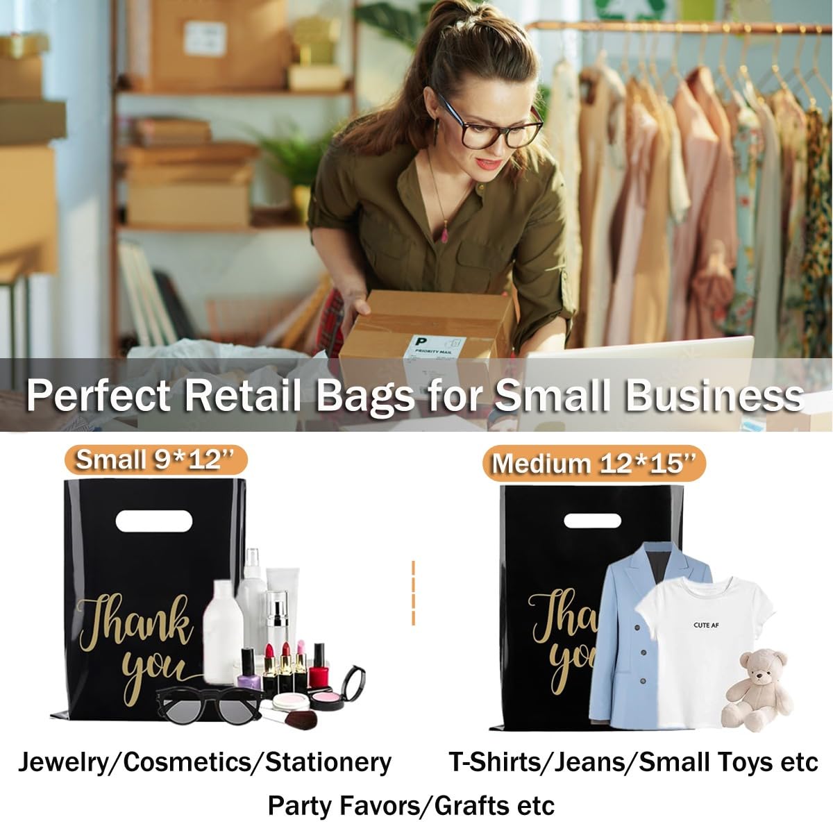 50 Pack Die Cut Plastic Shopping Bags With Thank You Logo 9X12 Merchandise Bags