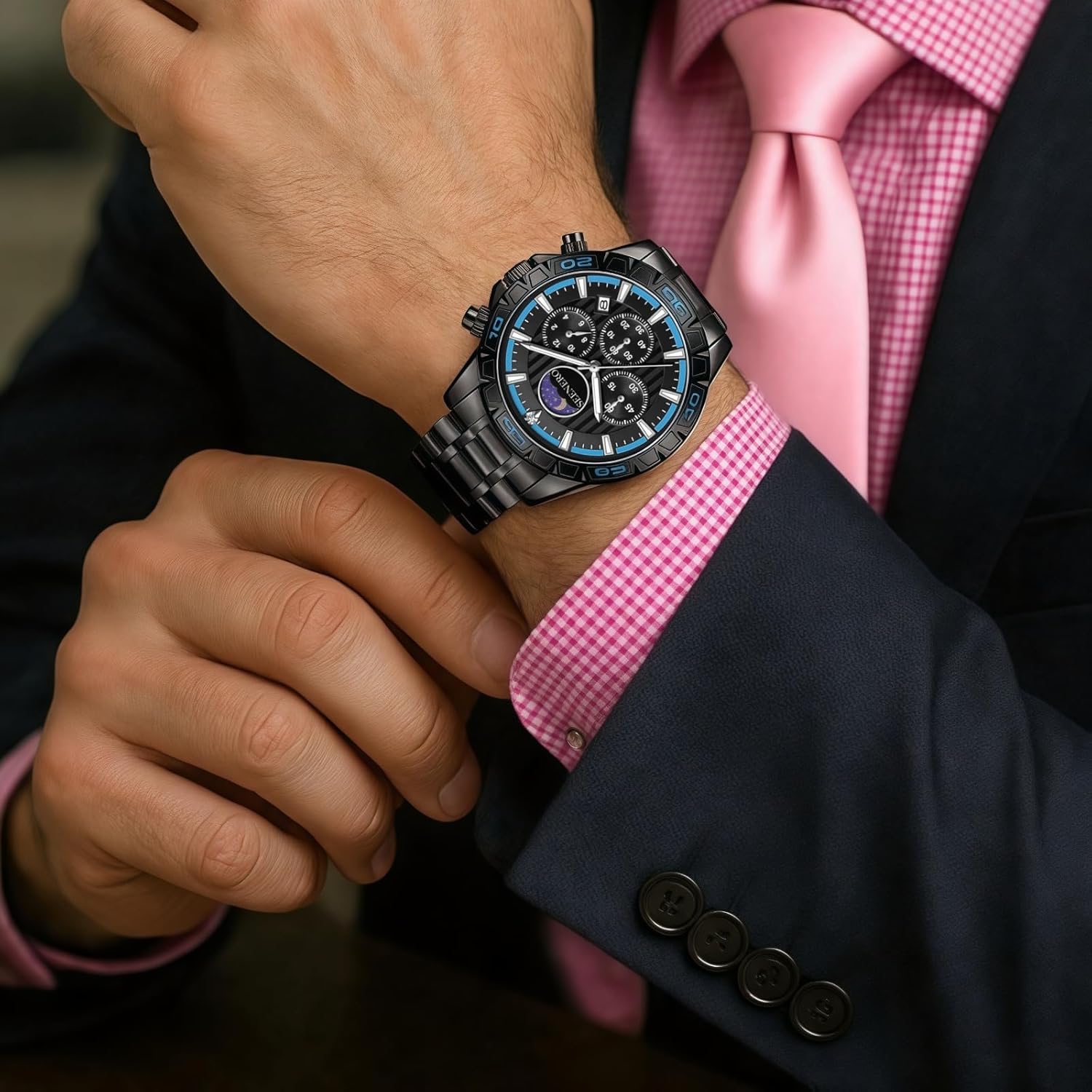 Watches for Men Luxury Stainless Steel Quartz Sports Fashion Dress Chronograph 3ATM Waterproof Watch with Moonphase Luminous Dial Perfect Mens Gifts Available in Black/Blue Or Silver/Blue - Image 2