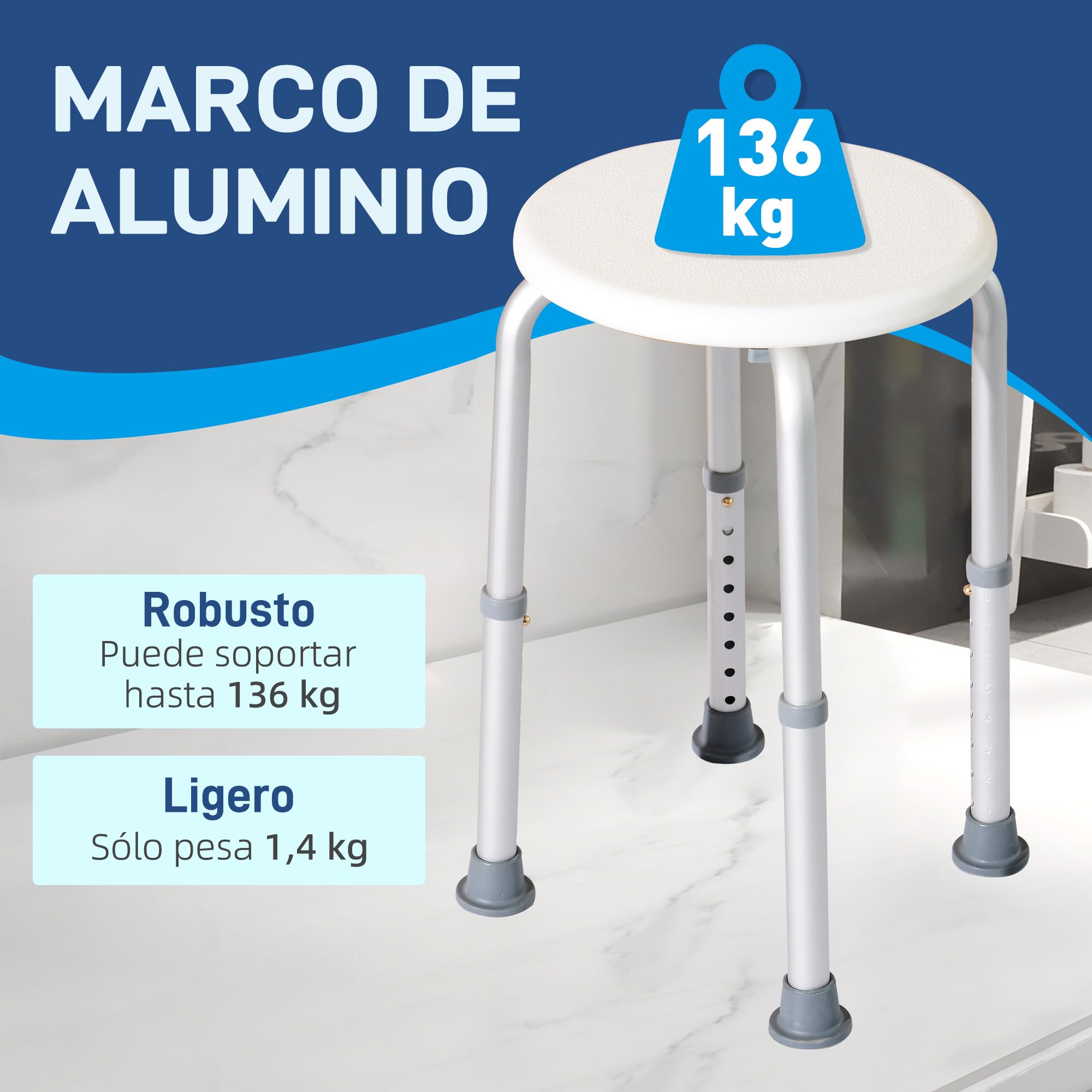 HOMCOM Taburete de Ducha, Silla Ducha Personas Mayores Antideslizante con Altura Regulable, Carga 135 kg, Taburete de Baño para Ancianos y Discapacitados, Blanco