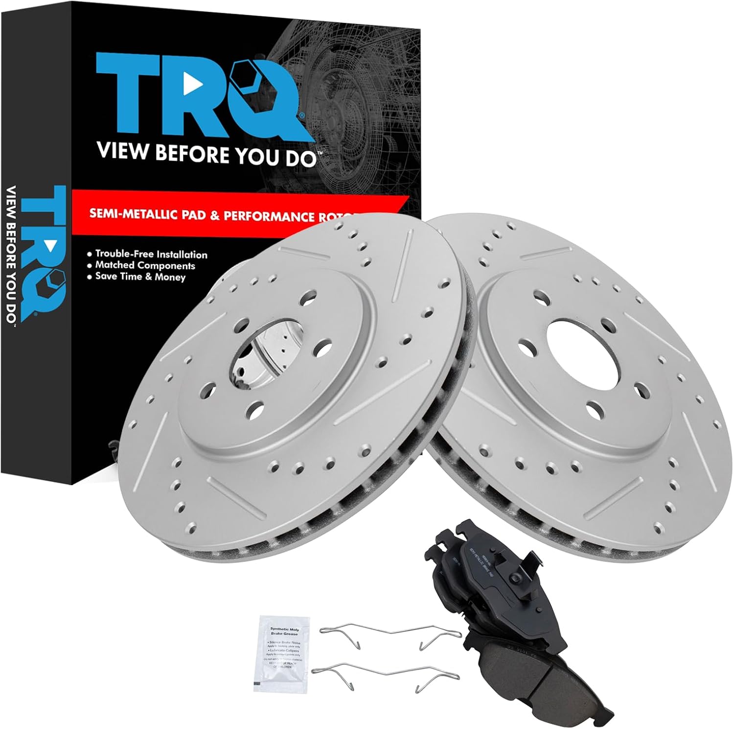 TRQ Front Performance Brake Pad & Rotor Kit Brake Pads Brake Rotors Set Semi-Metallic Premium G-Coated Compatible with 2001-2006 Chrysler Sebring 2001-2005 Dodge Stratus