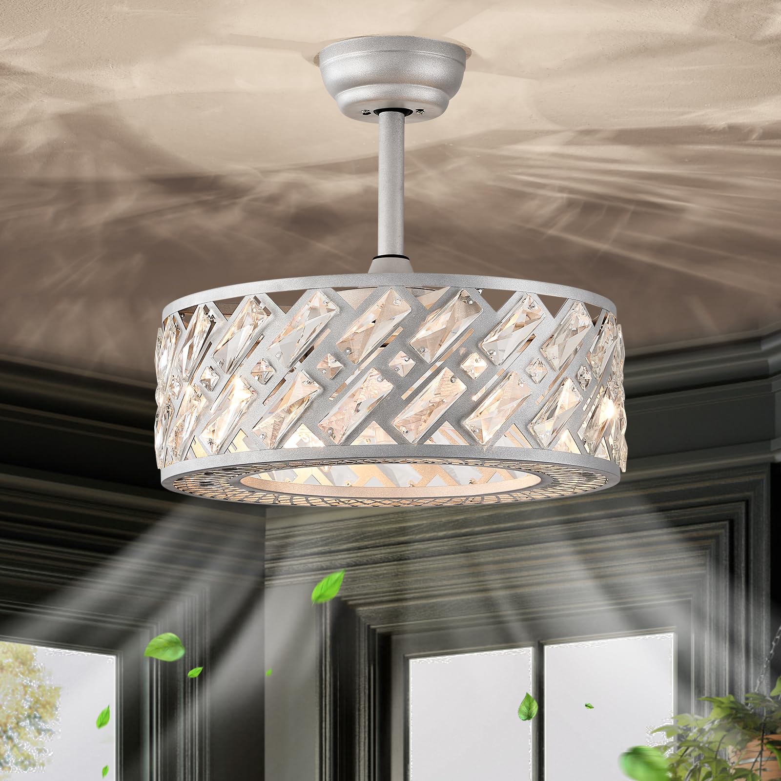 CATINER Crystal Caged Ceiling Fans with Light, 18" Bladeless Ceiling Fan with Remote Control, 6 Speed Enclosed Ceiling Fan with Reversible Motor for Bedroom Kitchen Living Room (Silver)