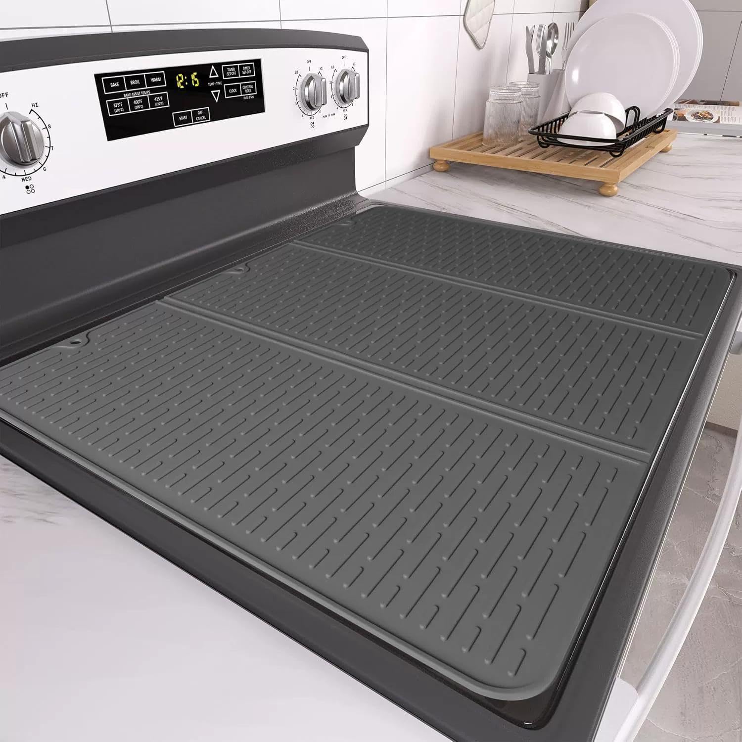 Trifold Silicone Stove Top Cover Mat 28"x20", Foldable Stove Protector for Gas/Electric Stovetop, Heat Resistant Counter Mat, Dish Drying Mat for Kitchen RV Apartment (LZD-GY)