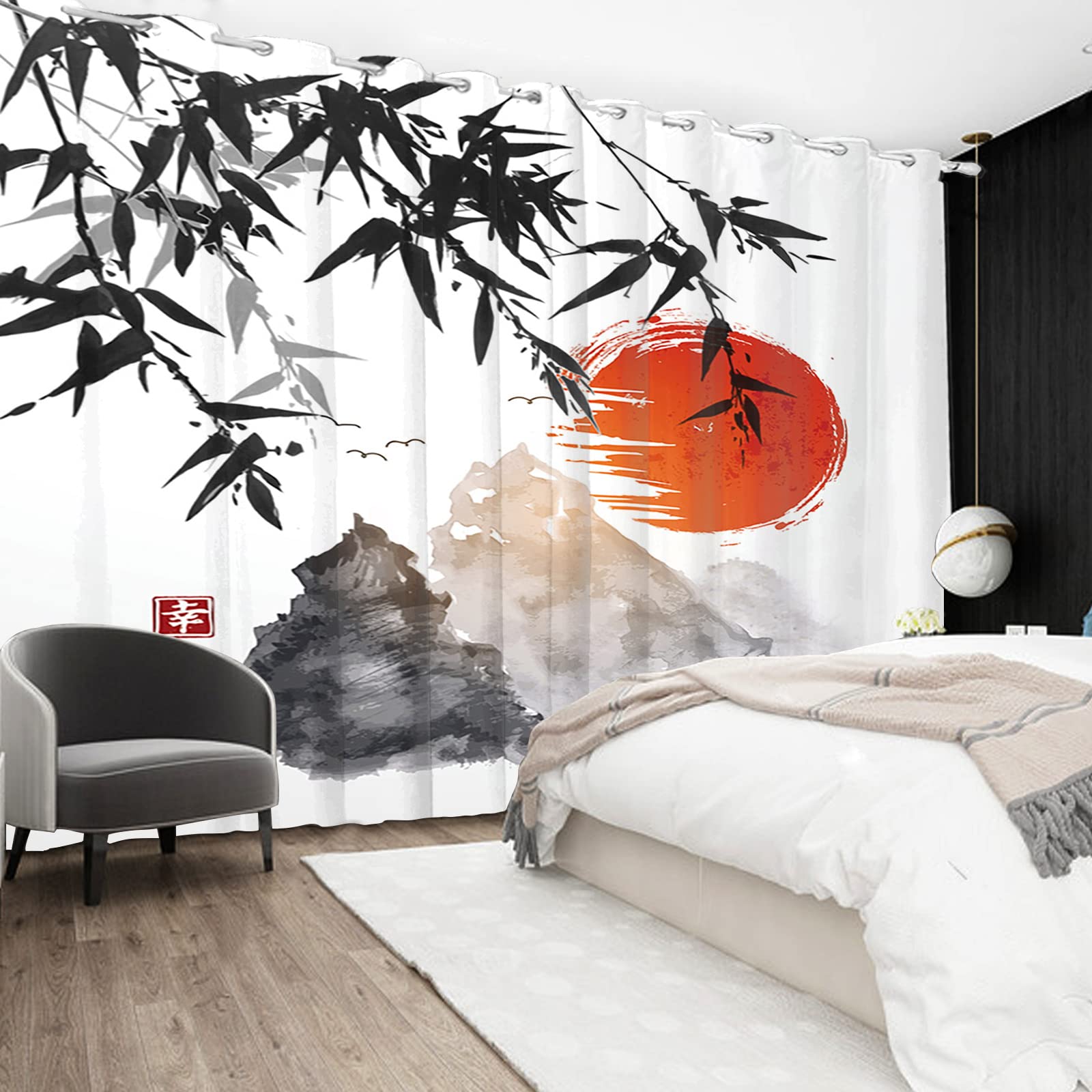 SDOTPMT 42x84inch Japanese Classic Ink Painting Window Curtain Mt Fuji Red Sun Bamboo Leaves Window Drapes Oriental Traditional Window Curtain for Living Room Bedroom Blackout Curtains 2 Panels - Image 4