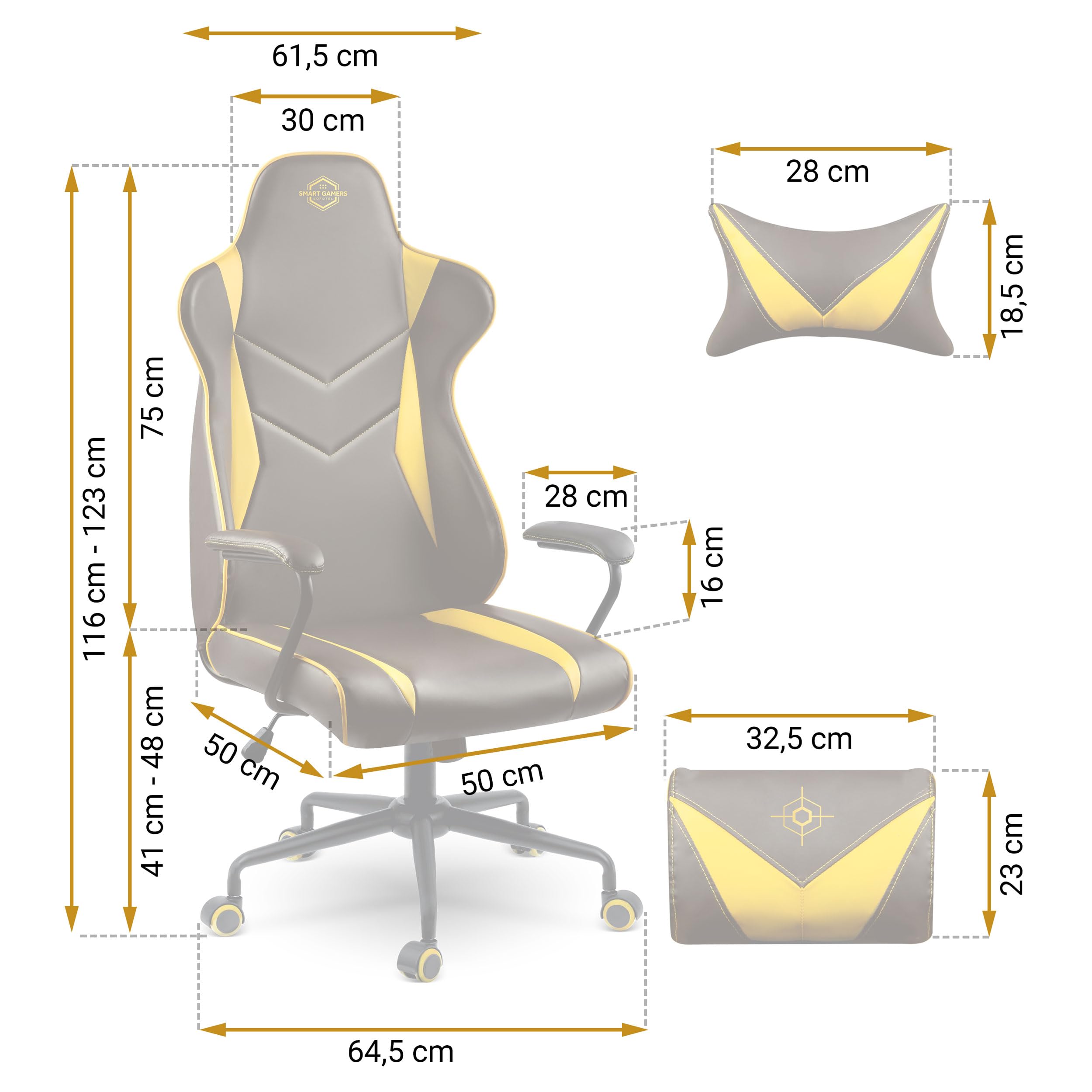 Sedia da ufficio ergonomica, da gioco, imbottita, ergonomica, per gaming, con poggiatesta, supporto lombare, braccioli, funzione basculante, per gaming, colore nero, giallo