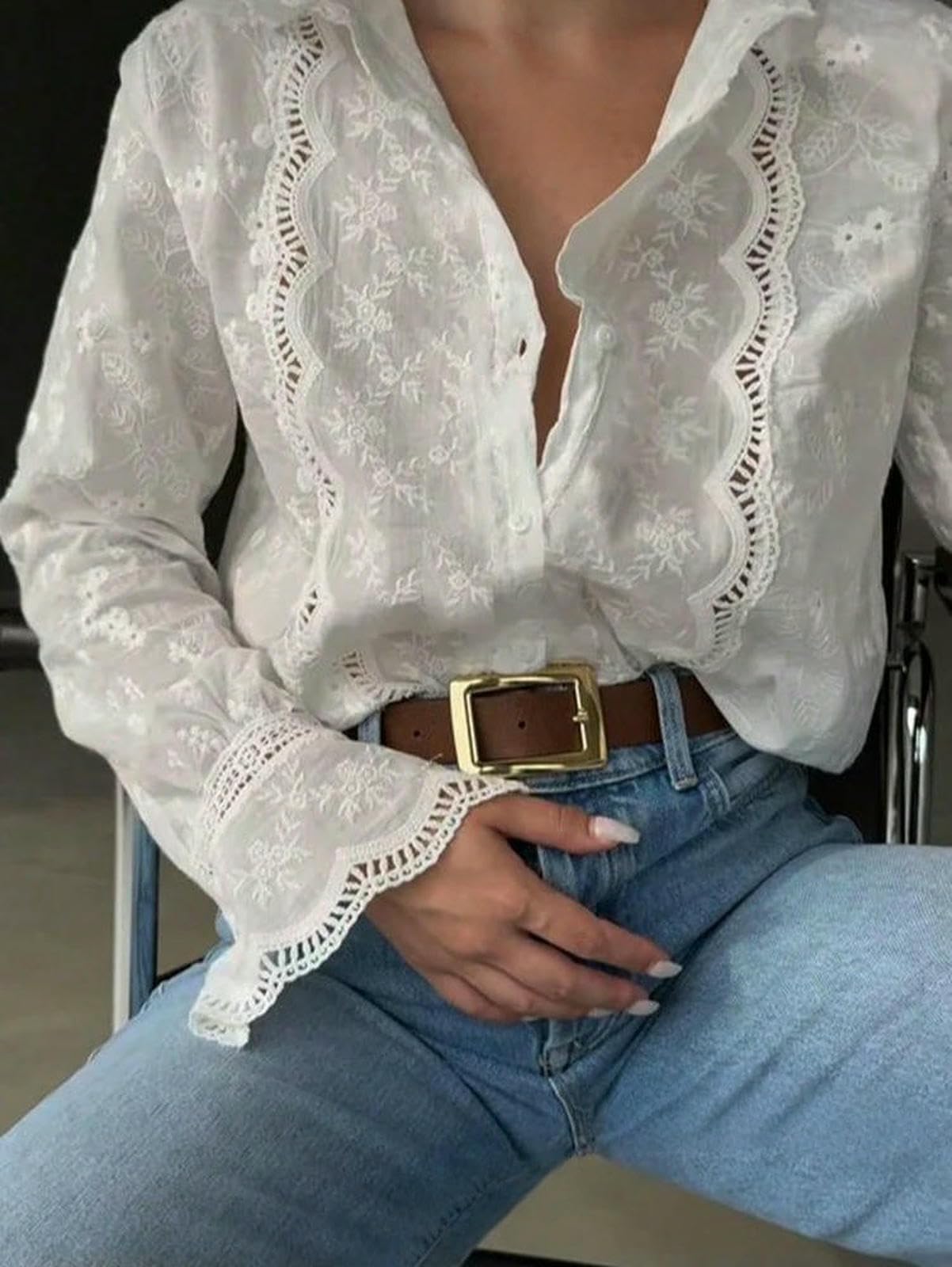 Bluse Damen Damenbluse Im Bohème-Stil Mit Stehkragen, Lochstickerei Und Langen Ärmeln