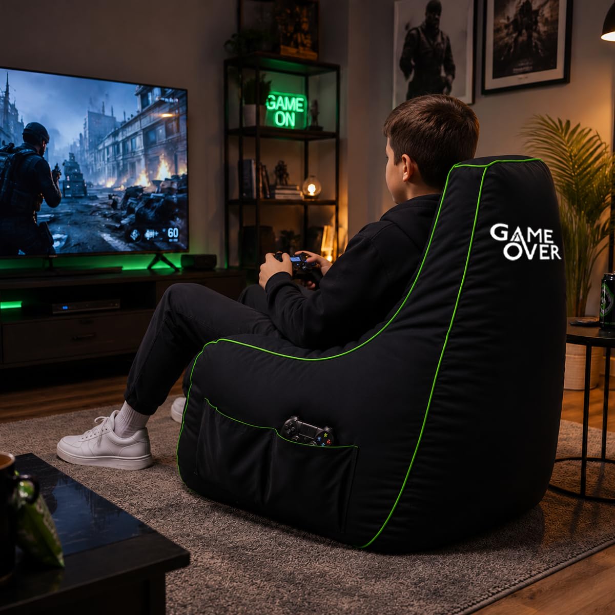 Game Over 8Bit Kinder Mini Videospiel Sitzsack für Videospiele | Wohnzimmer | Seitentaschen für Steuergeräte | Headset-Halter | Ergonomisches (Magischer Smaragd)