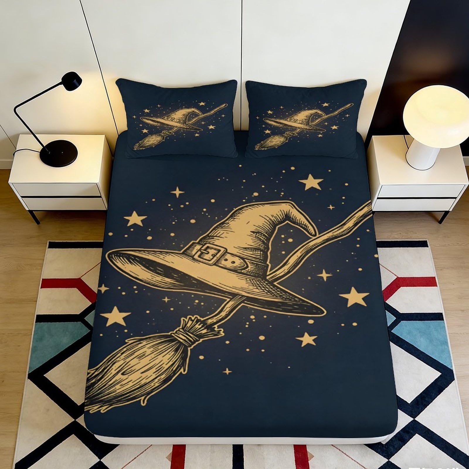 3D Printed Wizard Hat Fitted Sheet Microfiber Soft Breathable Broomstick Star Mattress Cover for Bedroom Dorm 120x200x25cm