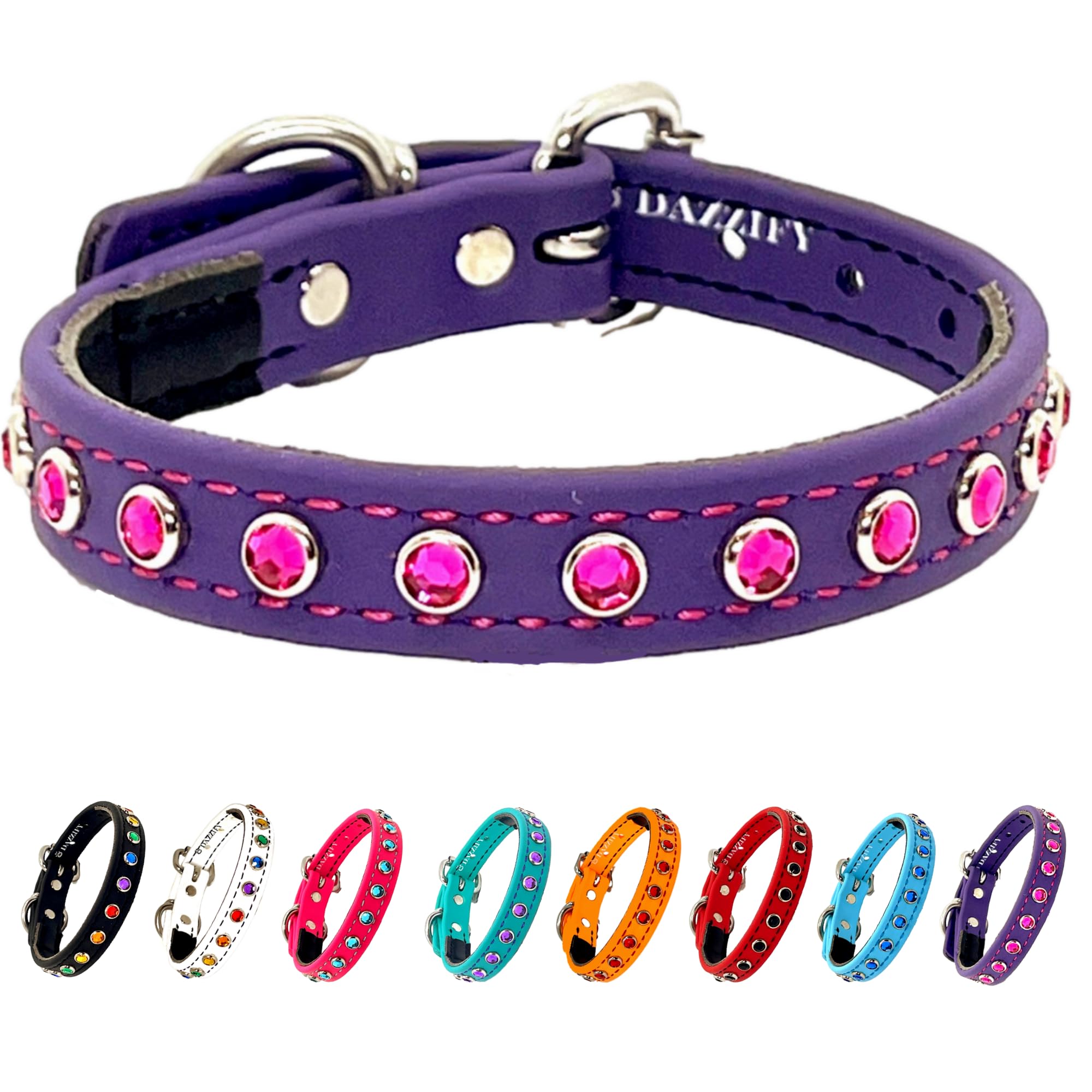 BioThane® Bling Hundehalsband – verstellbares Designer-Halsband mit Strassbesatz, wasserdicht und geruchsabweisend, Königsviolett mit pinken Schmucksteinen, Größe L (passend für Halsgrößen 40,6 cm