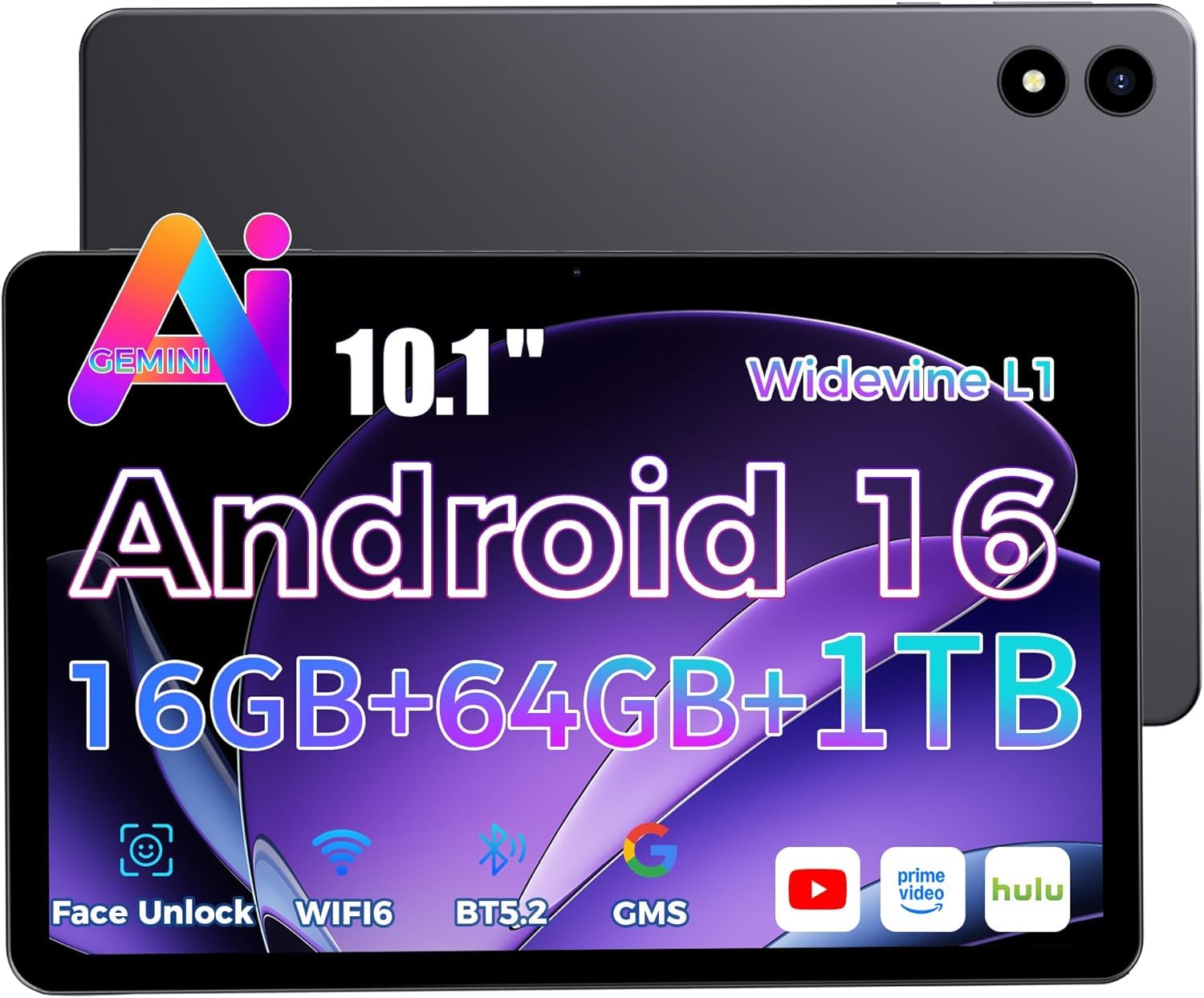2026 ultimo Tablet 10 pollici Android 16, Gemini Al, 16GB RAM+64GB ROM+1TB TF,GMS,Widevine L1,5G wi-Fi6 Bluetooth 5.2, SottileLeggero,Mirroring Dello SchermoWireless