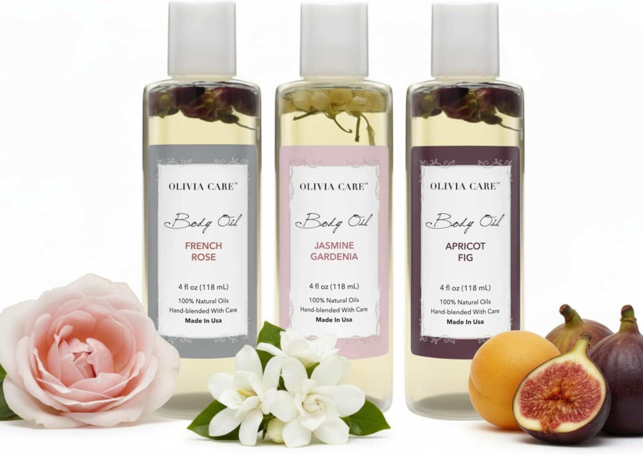 Olivia Care Body Oil Trio - Apricot Fig, French Rose & Jasmine Gardenia (3 pack - 4 fl. oz. each) - Natural Body Oils For Women/After Bath Body Moisturizers, Rich in Vitamin E, K, & Omega fatty Acids