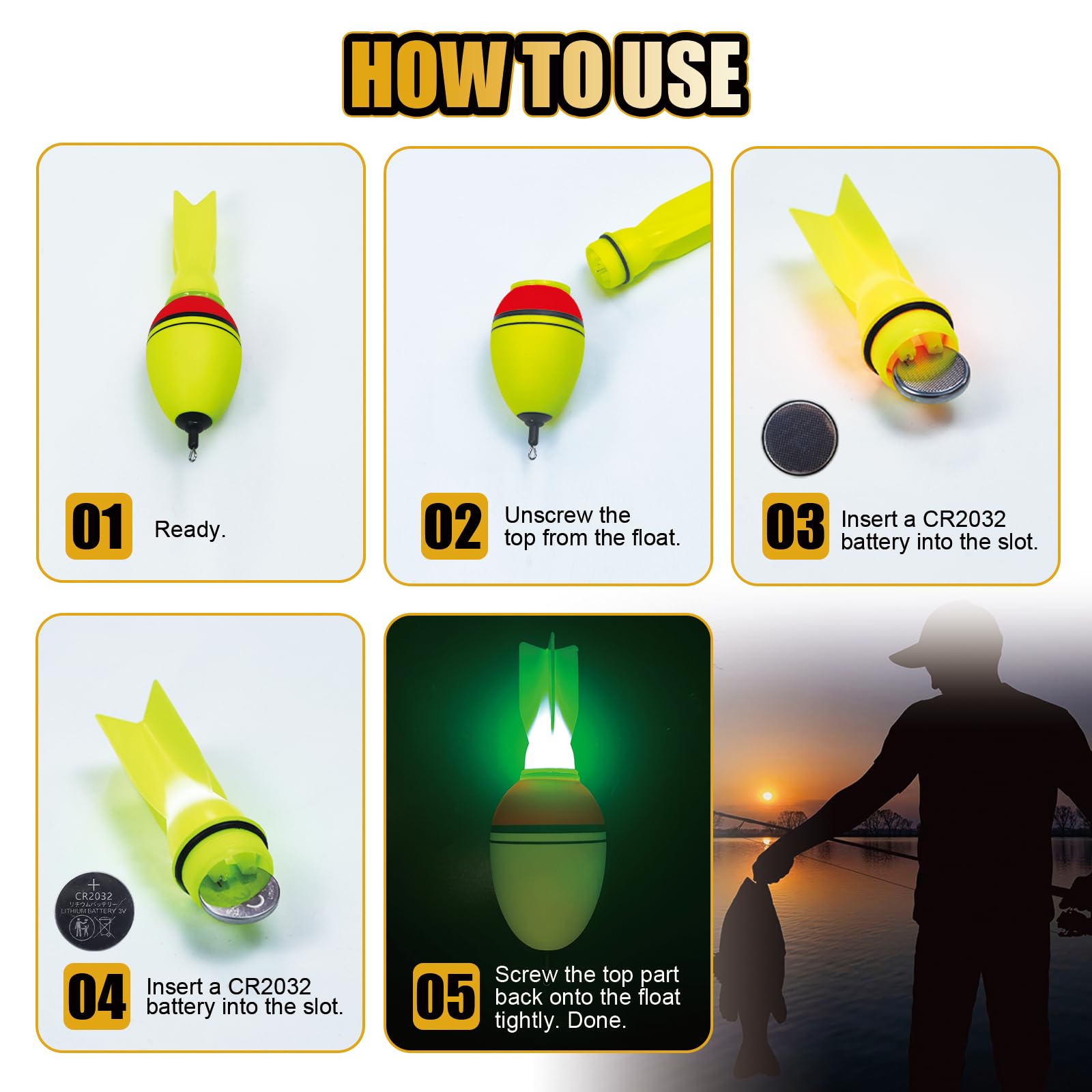 Flotteurs de pêche à LED, vert et rouge, avec indicateur de fusée phosphorescent, avec pile bouton pour la pêche de nuit