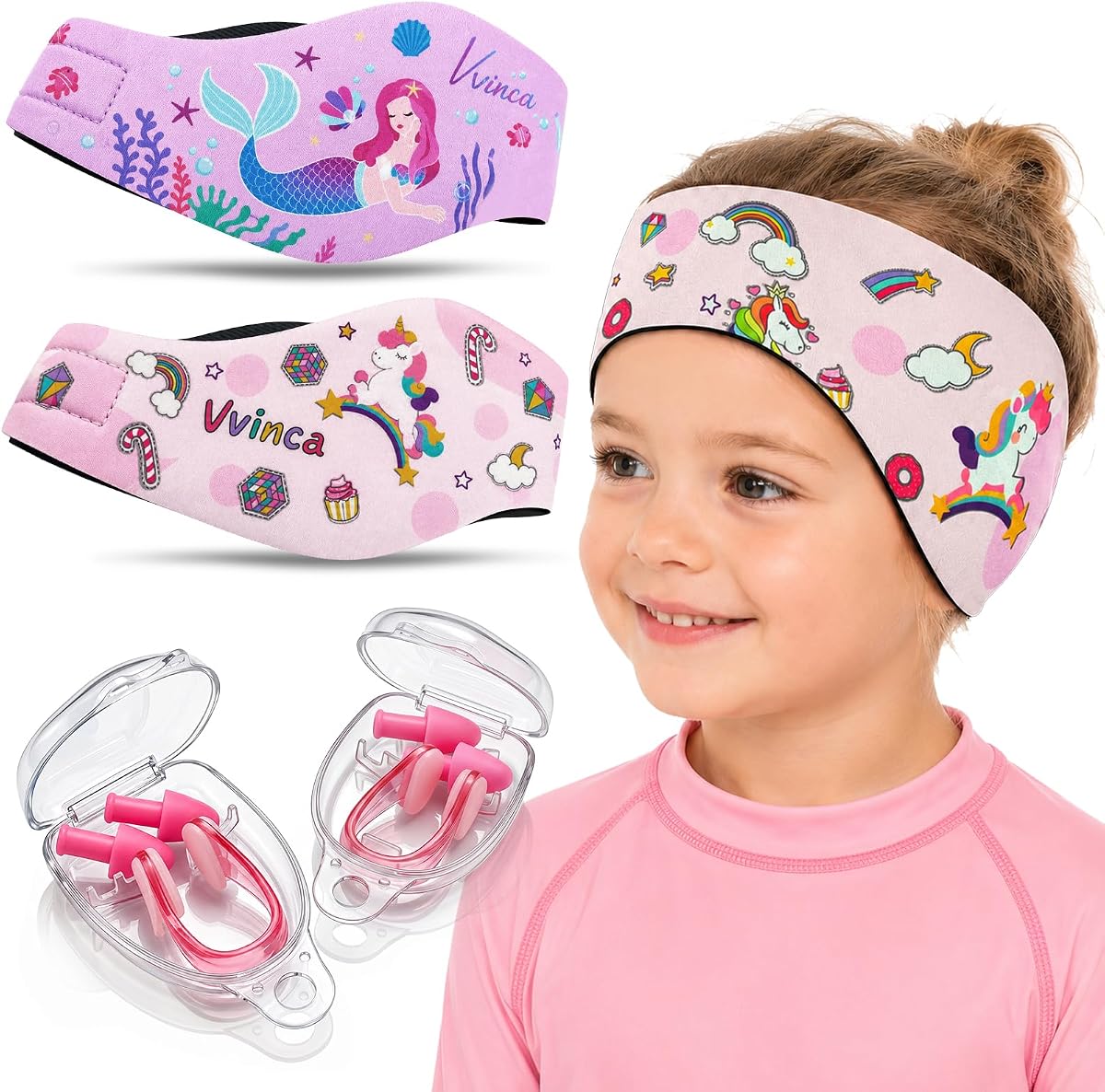 Vvinca Paquete de 2 diademas de natación para niños con tapones para los oídos y clip para la nariz, mantiene el agua fuera y mantiene los tapones para los oídos dentro, diadema de agua para niños pequeños para surfear, bañarse, piscina y playa, edades de 1 a 5 años, no para bucear