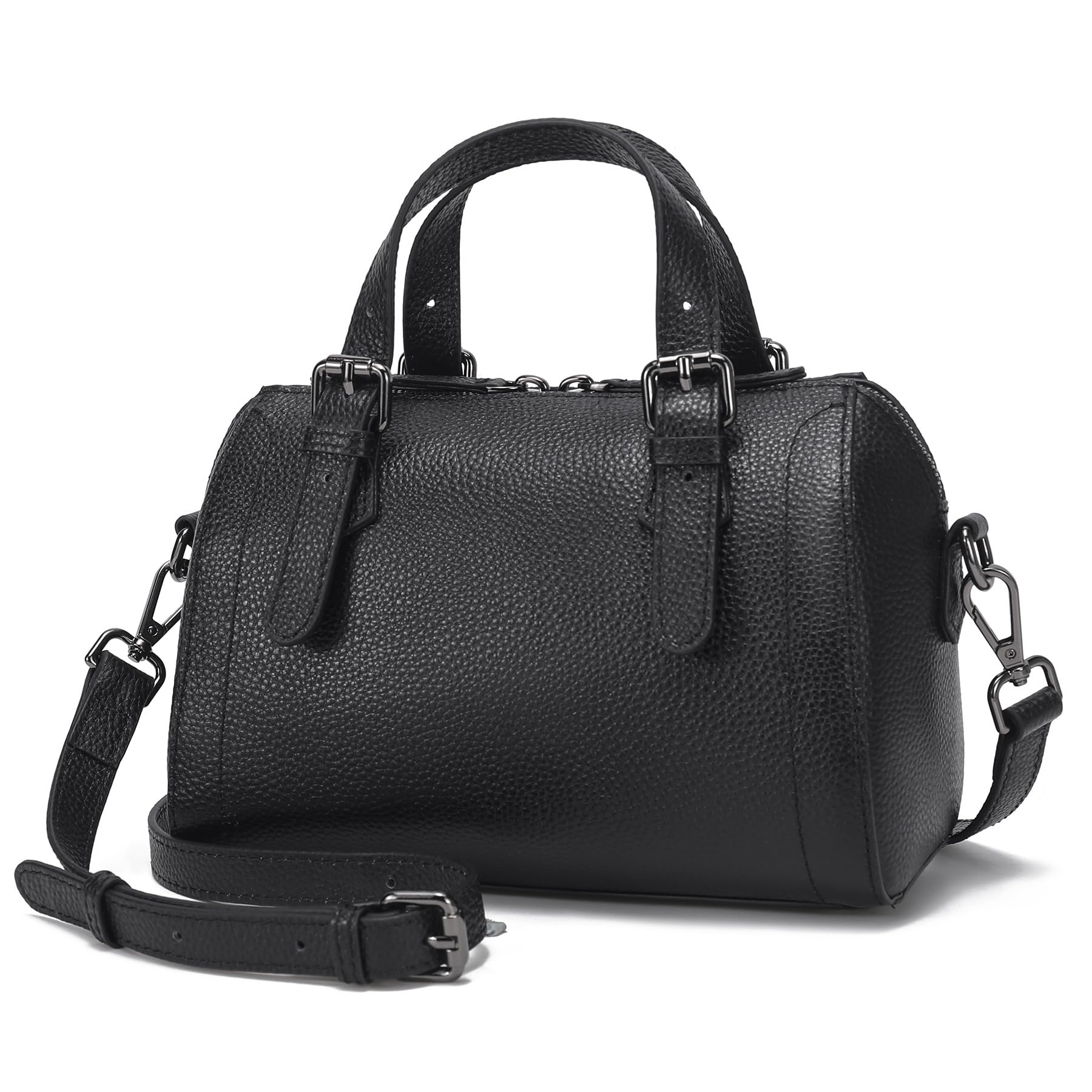 Full Grain Leather Boston Bag for Women - Top Handle Shoulder Bag Satchel Purse with Designer Straps, Lightweight Black