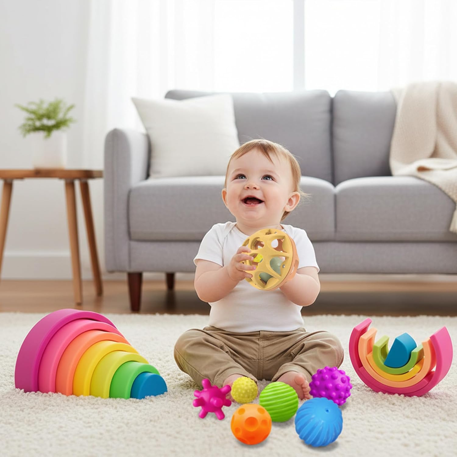 Montessori Sensory Toys Bundle - Colorful Textured Hand-Catching Baby Balls & Wheat Straw Baby Rattle, Babies 6-12M + Silicone Rainbow Stacker, Montessori Nesting Building Blocks (7CPS), Toddlers 1-3