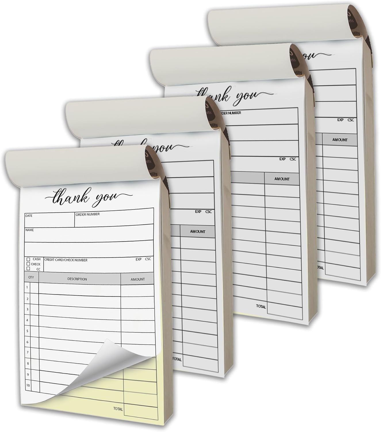 Herzii Prints - 4 Pack Receipt Pad, 3.4x5.5 Handheld - Receipt Book with Carbon Copies - Invoice Book for Small Business, Sales Order Book, 2-Part Carbonless (50 Sets) White/Yellow
