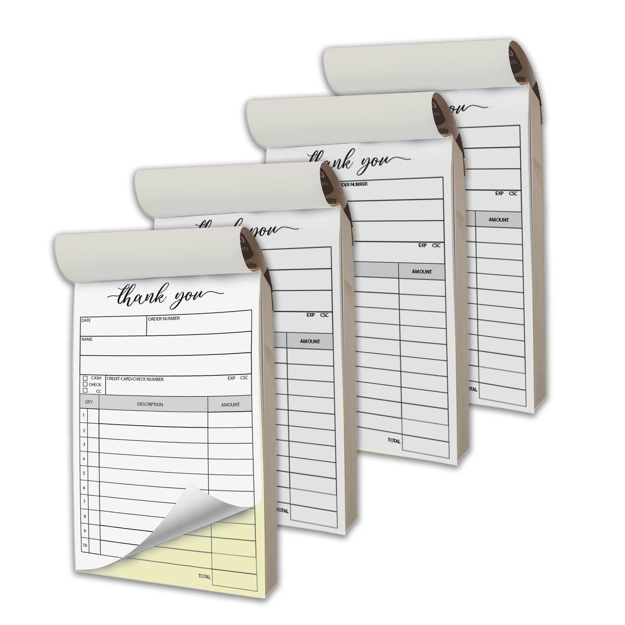 Herzii Prints Lot de 4 carnets de reçus, 8,6 x 14,9 cm – Carnet de reçus avec copies carbone – Carnet de factures pour petites entreprises, carnet de commandes de vente, 2 parties autocopiantes (50