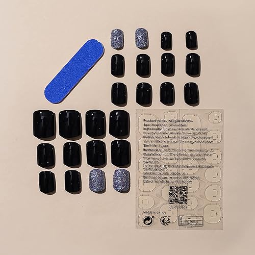 Miniatura 4 de 24 piezas de uñas postizas a presión de verano en forma de cuadrado mediano, uñas negras falsas, uñas acrílicas brillantes con diseños de brillo,