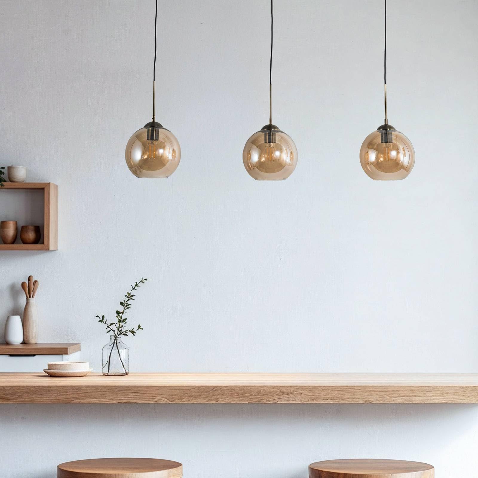 Lindby 3 Luci Lampada a sospensione vintage industriale sfera, Plafoniera da soffitto per Cucina Caffè Bar Lampadario Sala pranzo Soggiorno moderno LED Stile Edison Nordico Vetro ambrato