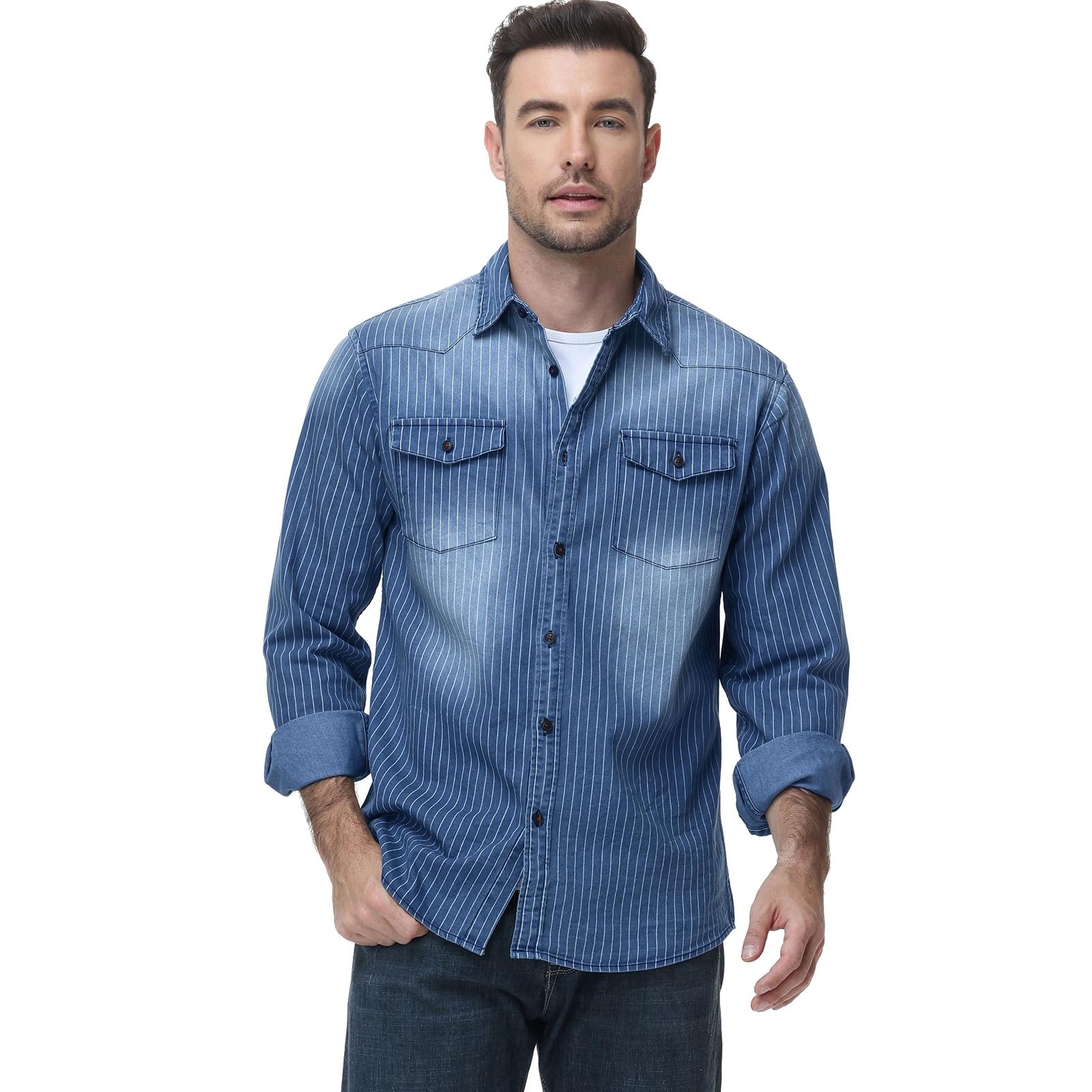 HOTIAN Chemise pour Homme, en Denim, à Manches Longues, pour Loisirs, Affaires, Coupe ajustée