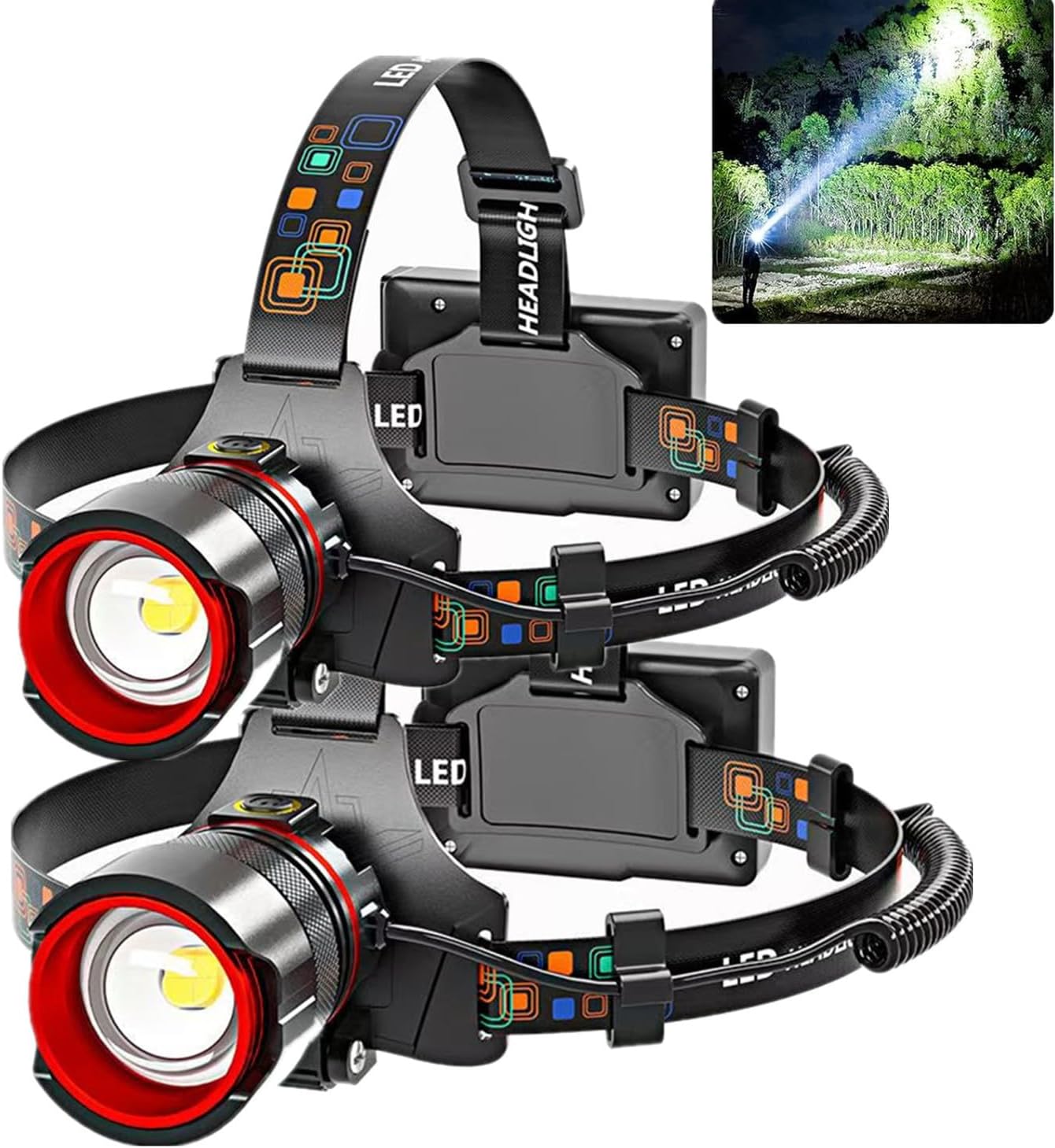 Rechargeable Headlamp 90000 Lumens, Super Bright LED Head Lamp with Motion Sensor, 12 Modes, IPX7 Waterproof Headlight, 125° Adjustable, HeadLamps for Adults, Camping, Outdoors & Hard Hat Light (2)