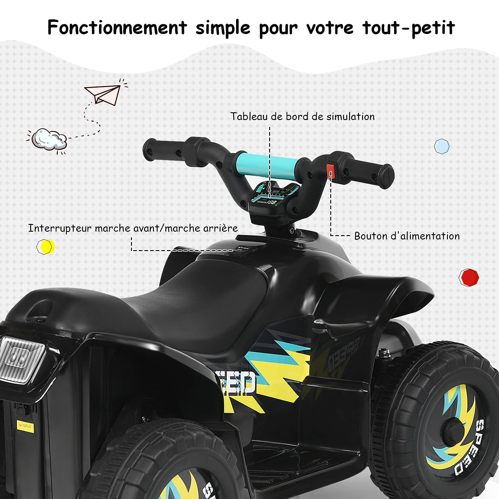 COSTWAY Quad avec Batterie 6V pour Enfant, Quad Électrique avec Marche Avant/Arrière, Fonctionnement Sécurisé et Vitesse Max de 4,5 km/h, Cadeau pour Garçons et Filles, Bleu/Noir/Blanc/Rouge (Noir)