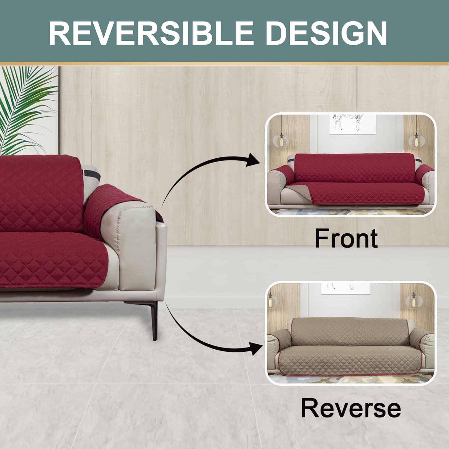Marwood Sofa Slipcover Reversible Sofa Cover for 3 Cushion Couch, Water Resistant Furniture Protector with Non Slip Foam and Elastic Straps for Pets Kids Children Dogs Cats (Sofa, Claret/Brown) : Home & Kitchen