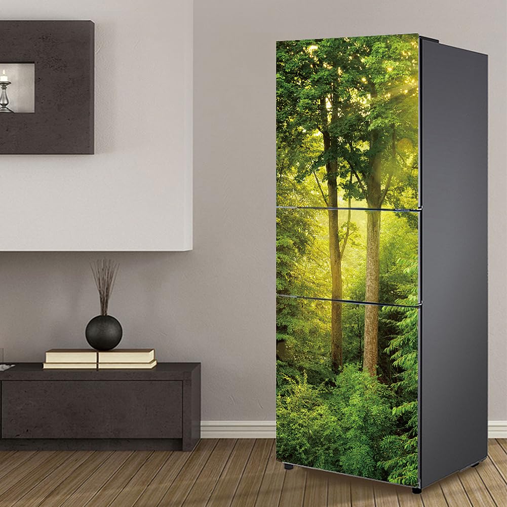 Fridge Stickers, Fridge Sticker Full Covering Door Covers Skins Wall Stickers for Kitchen Decal, Green Tree Jungle Landscape(M: 60x180 cm)