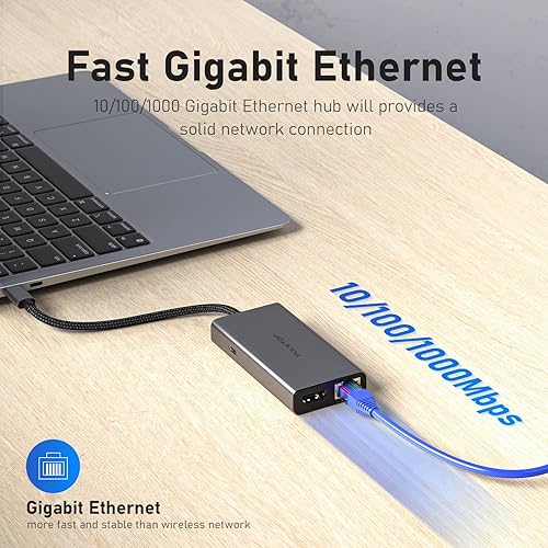 Miniatura 5 de Hub USB C de 10 Gbps, adaptador PULWTOP USB 3.2 con 3 puertos USB-C 3.2, 4K 60Hz HDMI, Ethernet, 100 W PD in, divisor multipuerto de alta velocidad