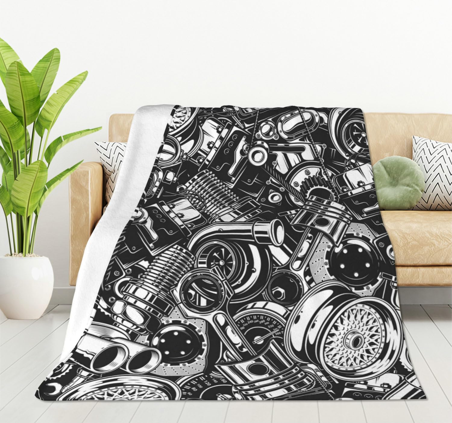 HGOD DESIGNS Automobile Car Parts Pattern Blanket for Men and Women Soft Warm Throw Blanket and Fleece Flannel Blanket for Couch Bed Living Room Decor 130x150cm