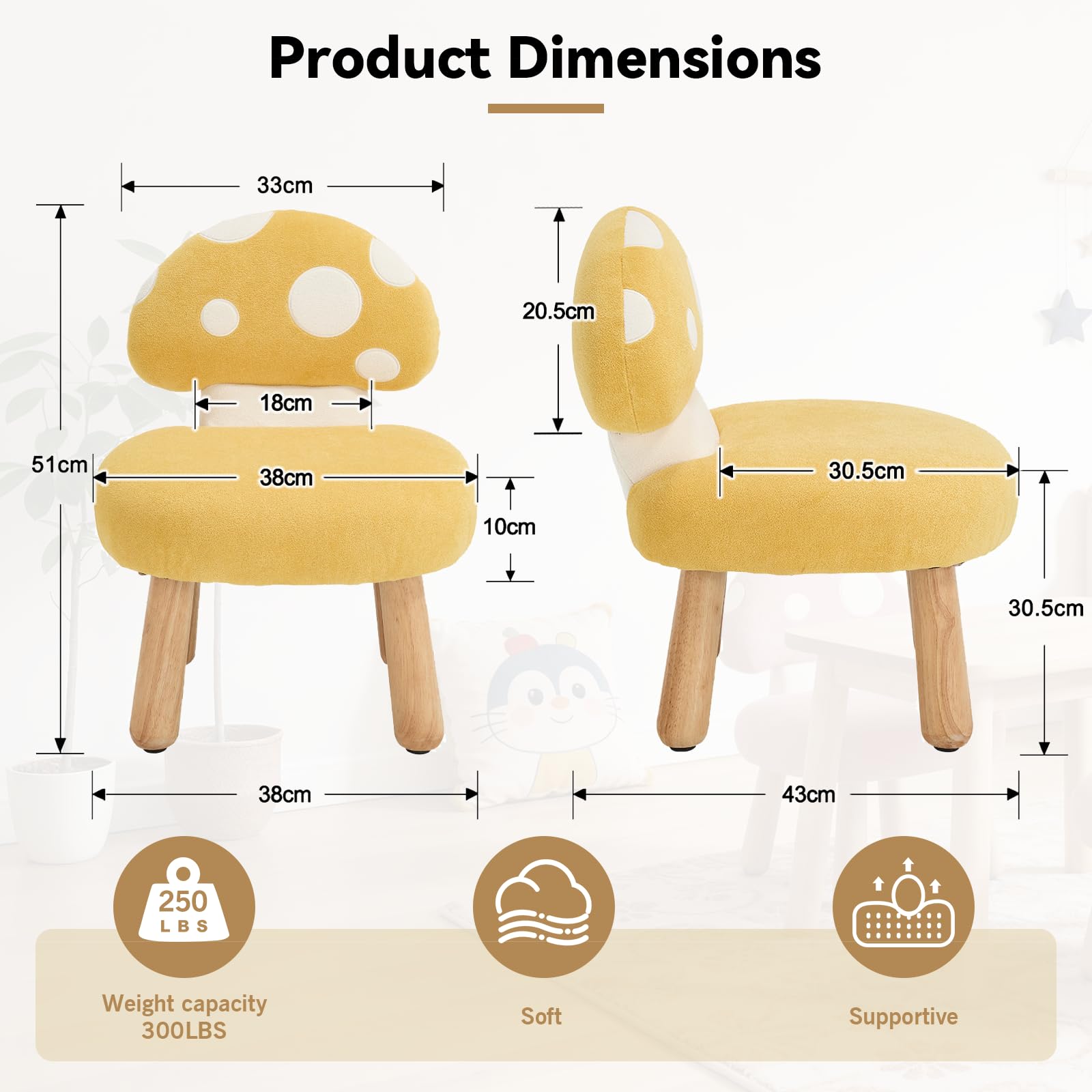 Kindersessel für Kinderzimmer Chenille Kinderstuhl mit Pilzförmiger Rückenlehne Kindersofa Holzbeinen, Kindercouch für Spielzimmer, Gelb