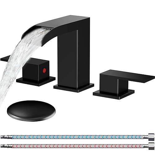 Matte Black 8 Inch Widespread Bathroom Faucets, Square Waterfall Bathroom