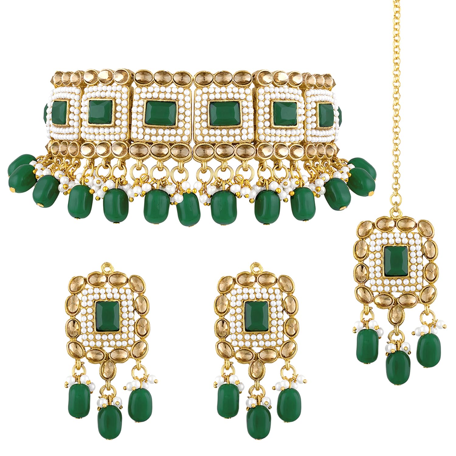 Peora Gold Plated Kundan Green Crystal Choker Necklace Earrings Maang Tikka Set Traditional Ethnic Jewellery Set for Women (B08ZRYSYRJ) Amazon Price History, Amazon Price Tracker
