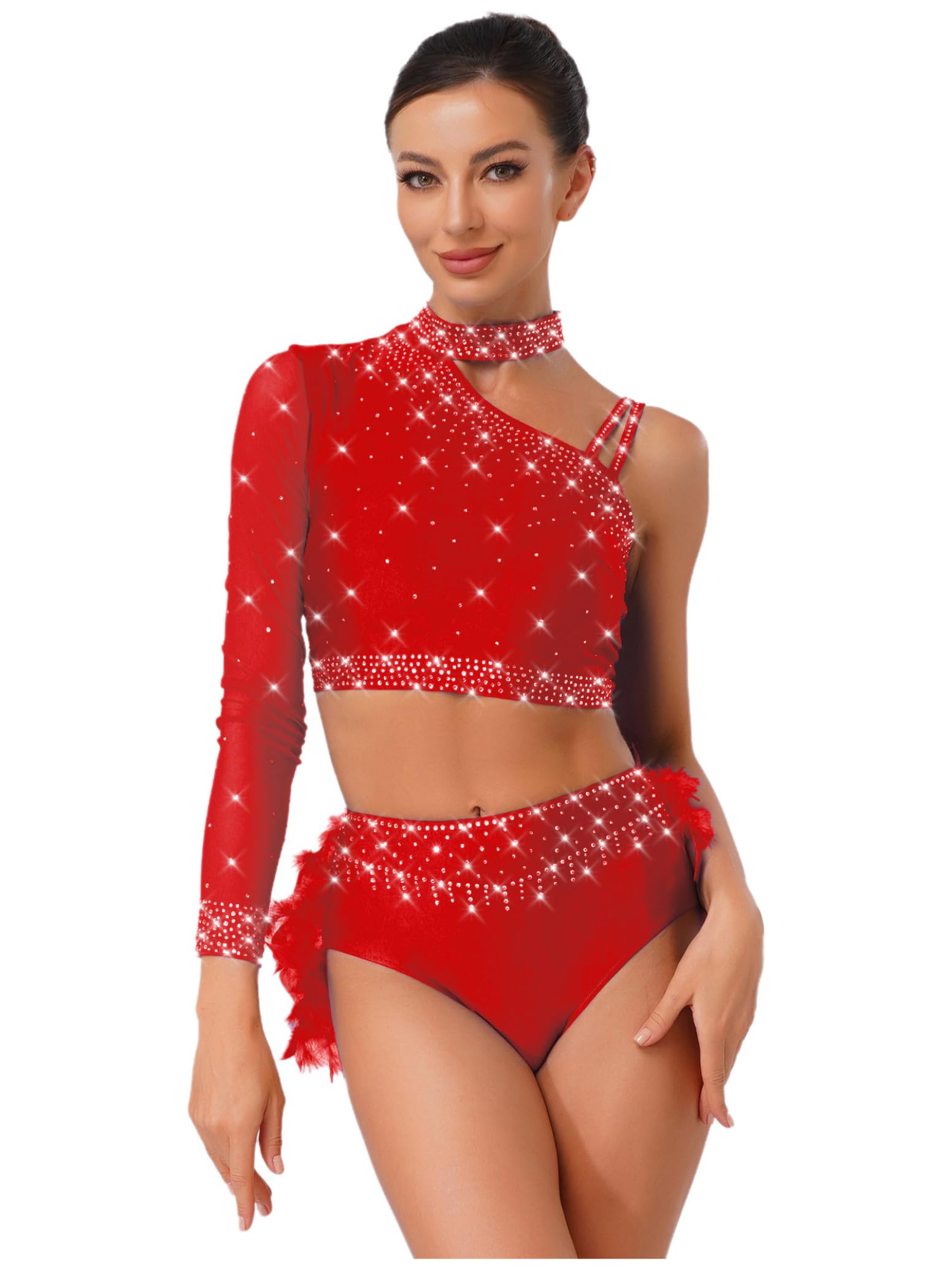inlzdz Femmes Tenue de Danse Scintillante Samba Rumba Costume de Danse Latine Crop Top Ventre Libre Short de Danse Slip avec Plumes Vêtements de Danse